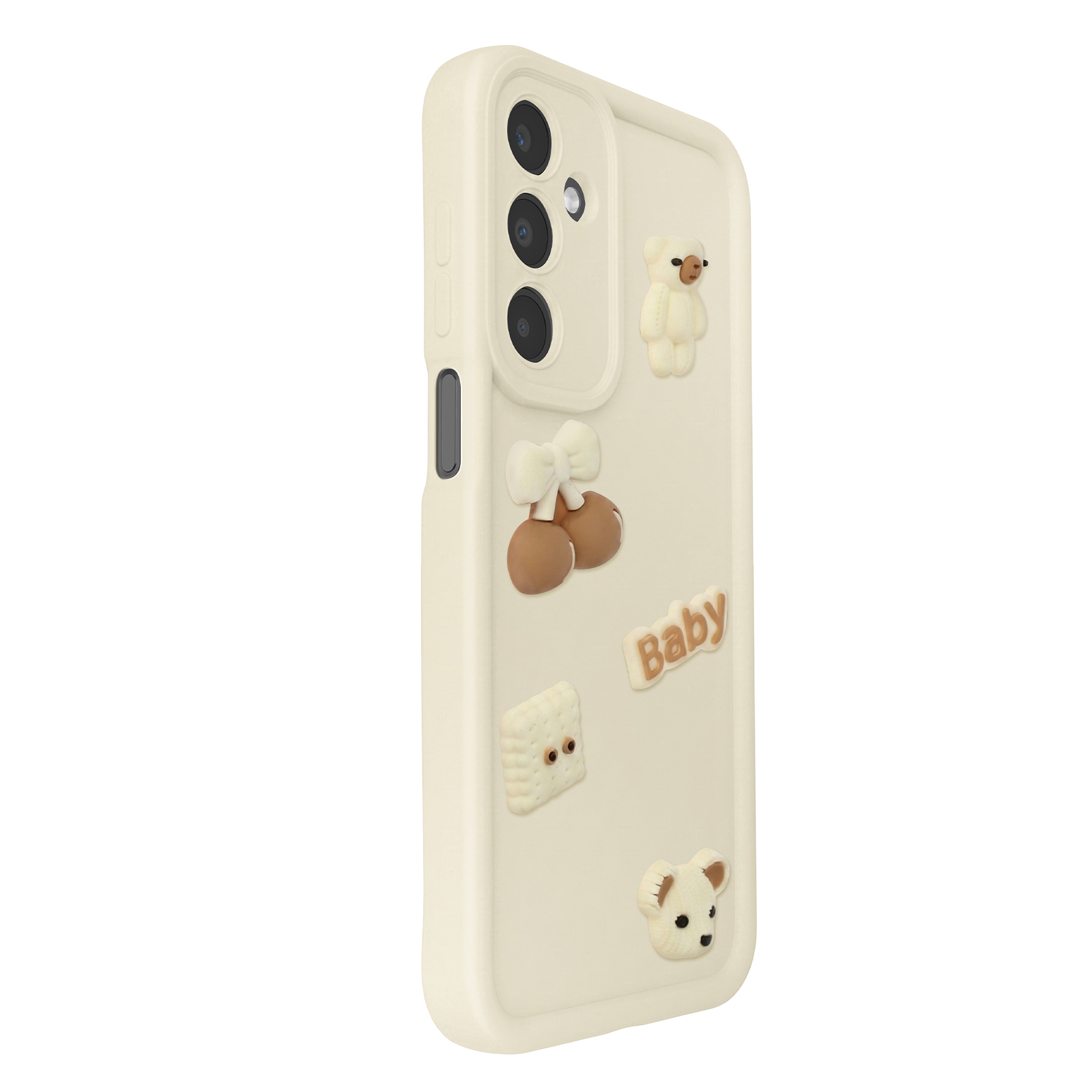 Funda de teléfono color crema con osito 3D, cerezas y 