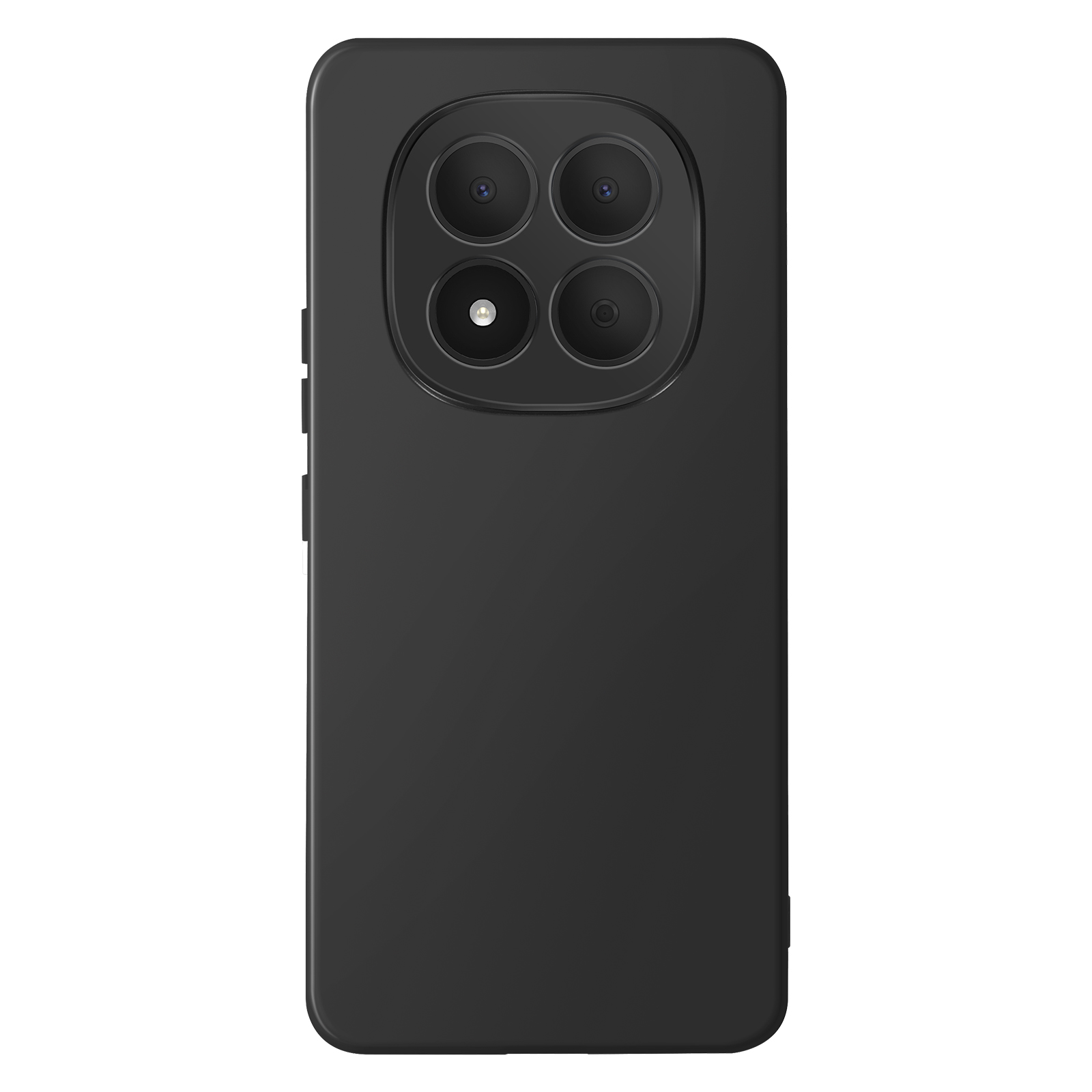 Teléfono inteligente negro con cámara cuádruple y flash en la parte trasera.