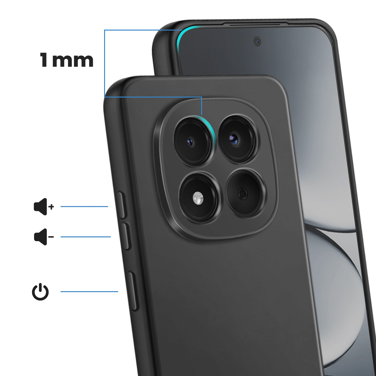 Primer plano de una funda de teléfono negra que muestra lentes de cámara y botones.
