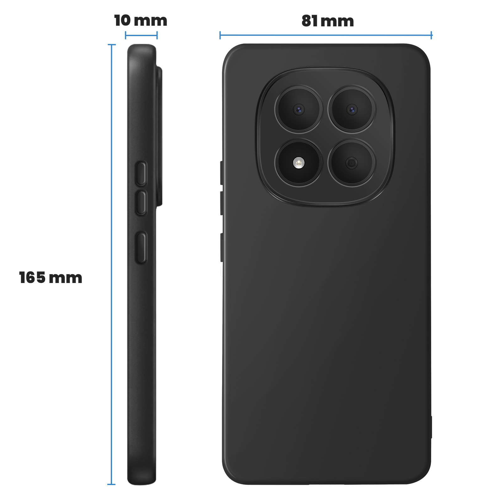 Funda de teléfono negra que muestra dimensiones 165x81x10mm y corte cuádruple para cámara.
