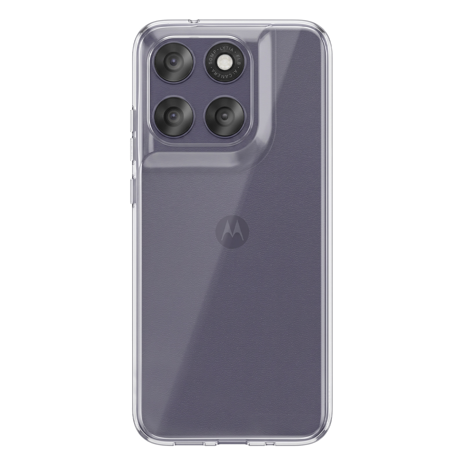 Reverso de funda de teléfono transparente con cuatro cámaras y logo Motorola.