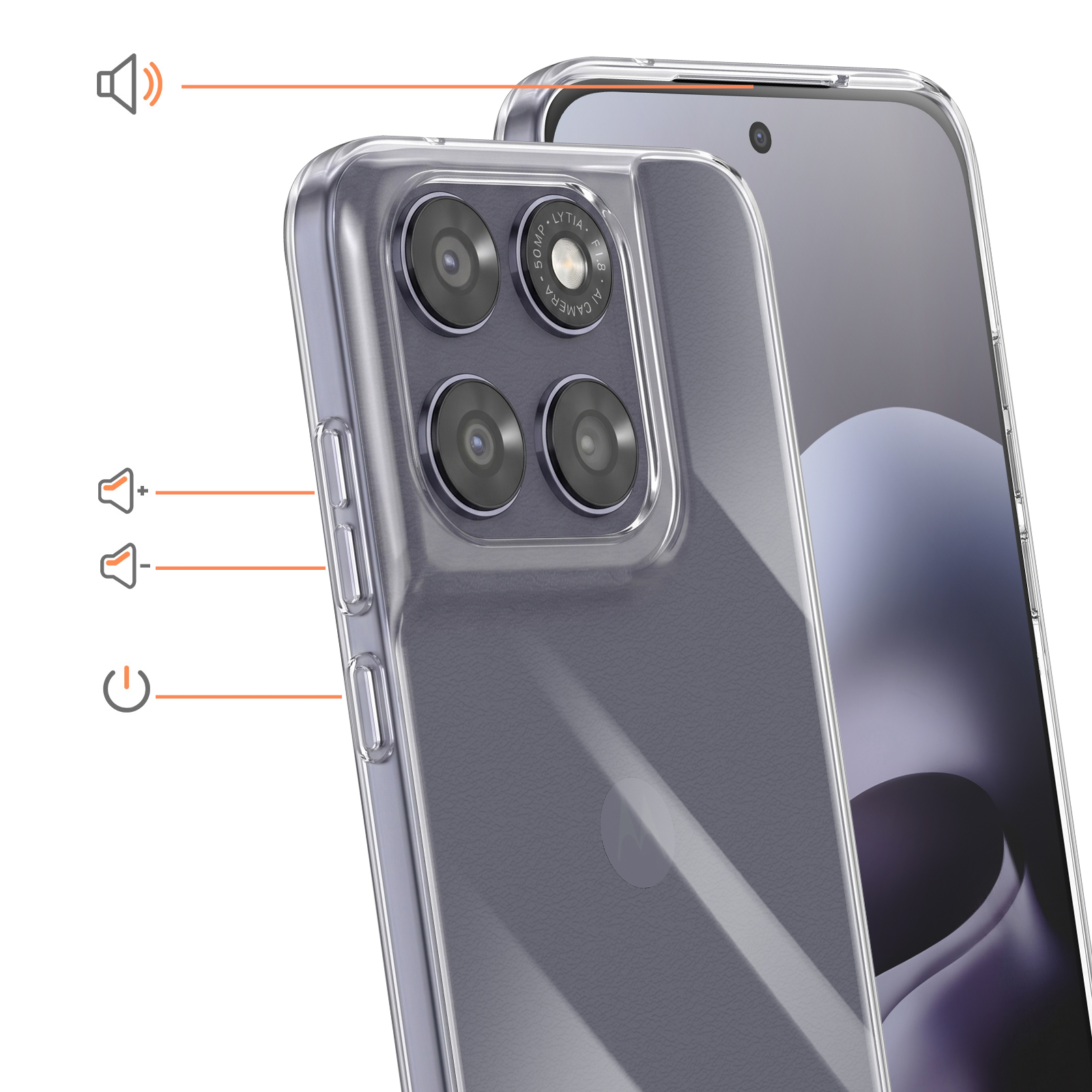 Una funda de teléfono transparente con cuatro cámaras, botones de volumen y encendido.