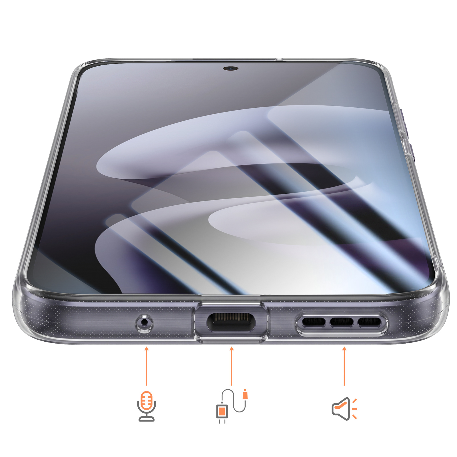 Funda transparente para teléfono que muestra puertos inferiores: jack de auriculares, USB-C, rejillas altavoz.