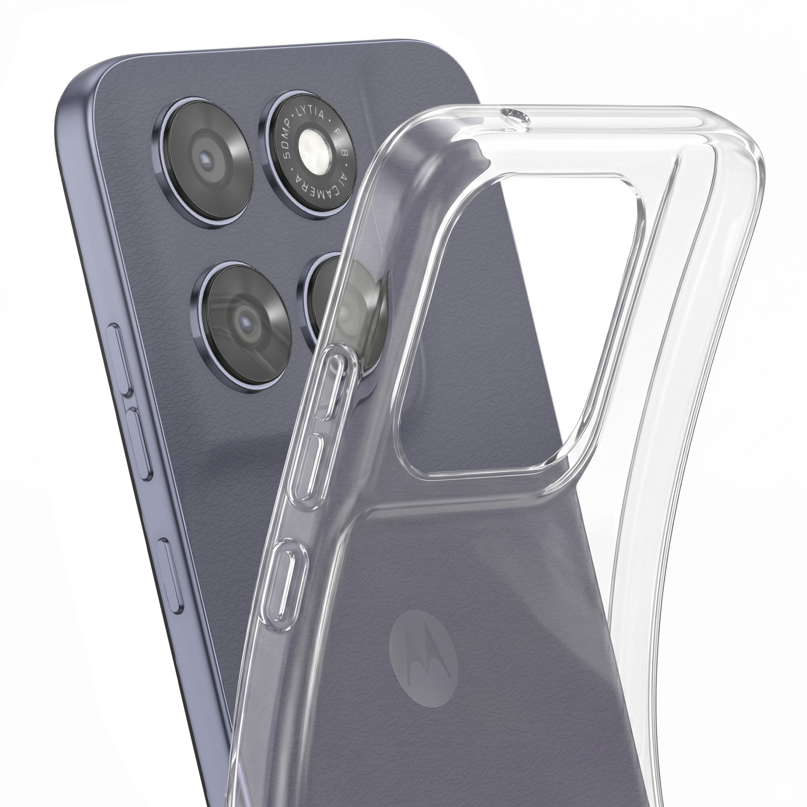 Una funda transparente cubre un teléfono gris con cuatro cámaras.