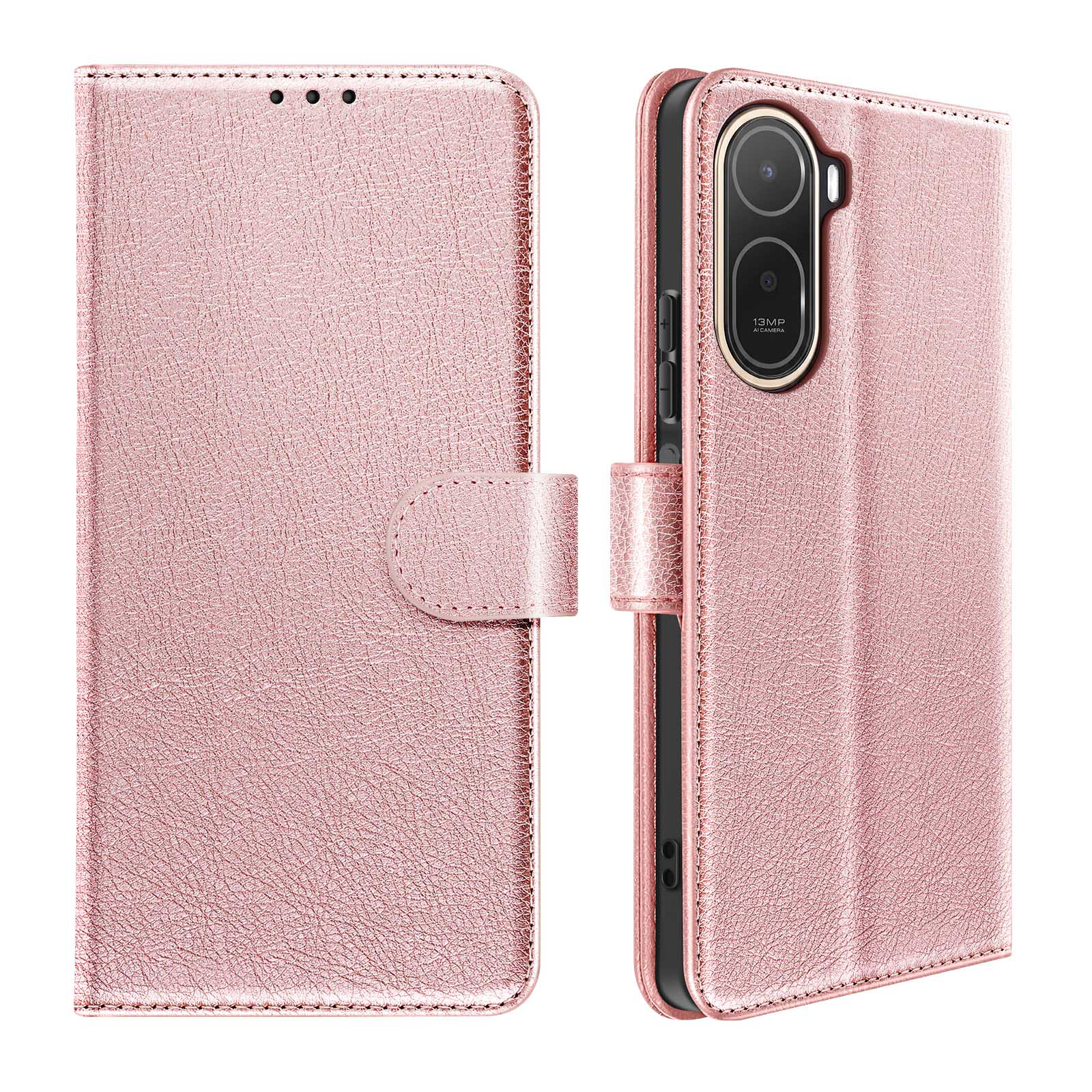 Ein roségoldenes Handycover mit Kameraausschnitt und Magnetverschluss.