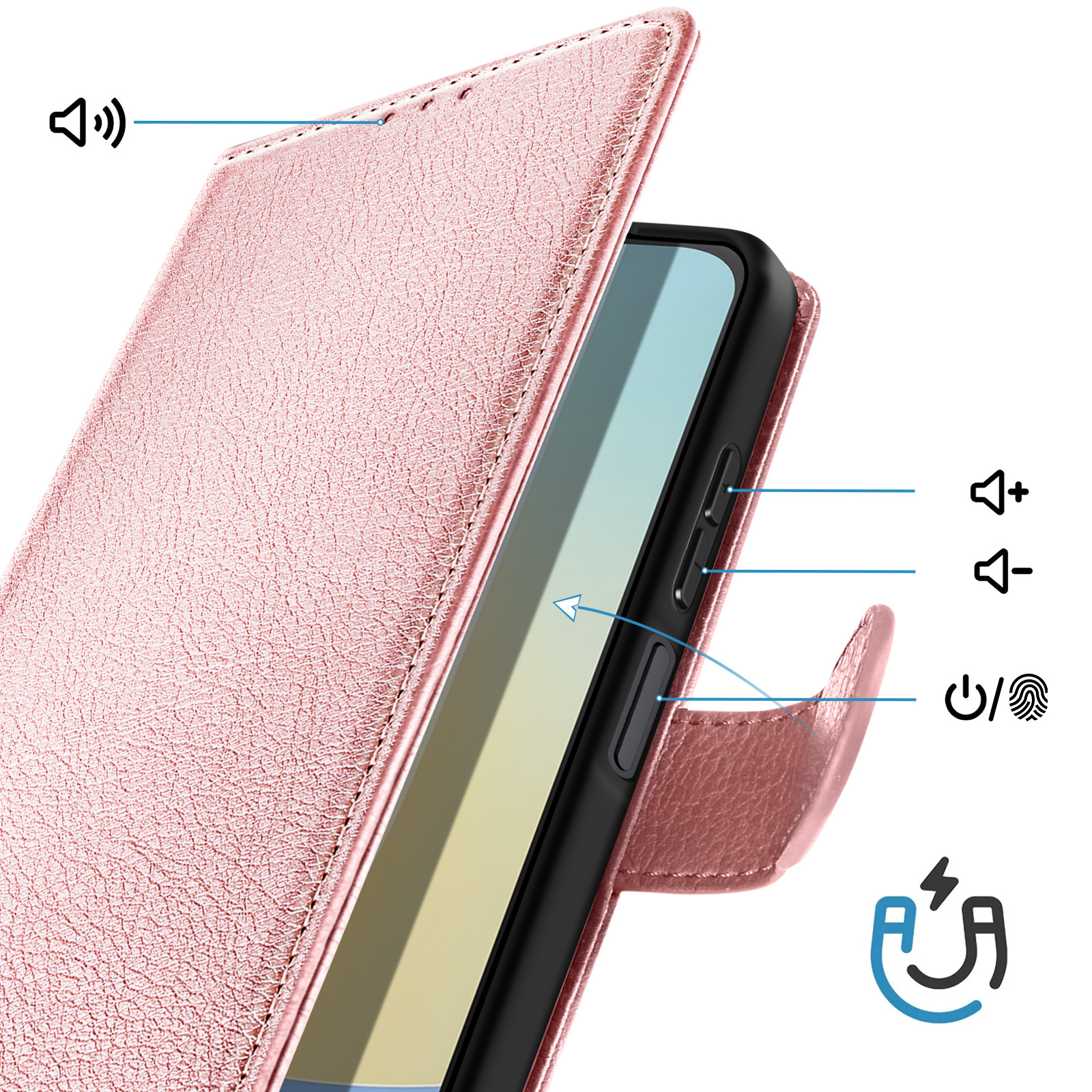 Ein roségoldenes Handycover mit Symbolen für Lautstärke, Ein/Aus und Fingerabdruck.