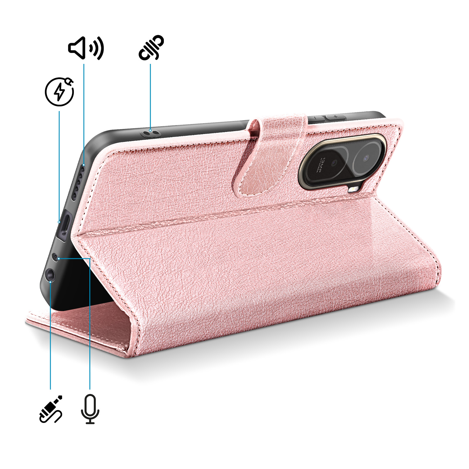 Ein rosafarbenes Handycover aus Lederimitat mit Anschlüssen und Kameraausschnitt.