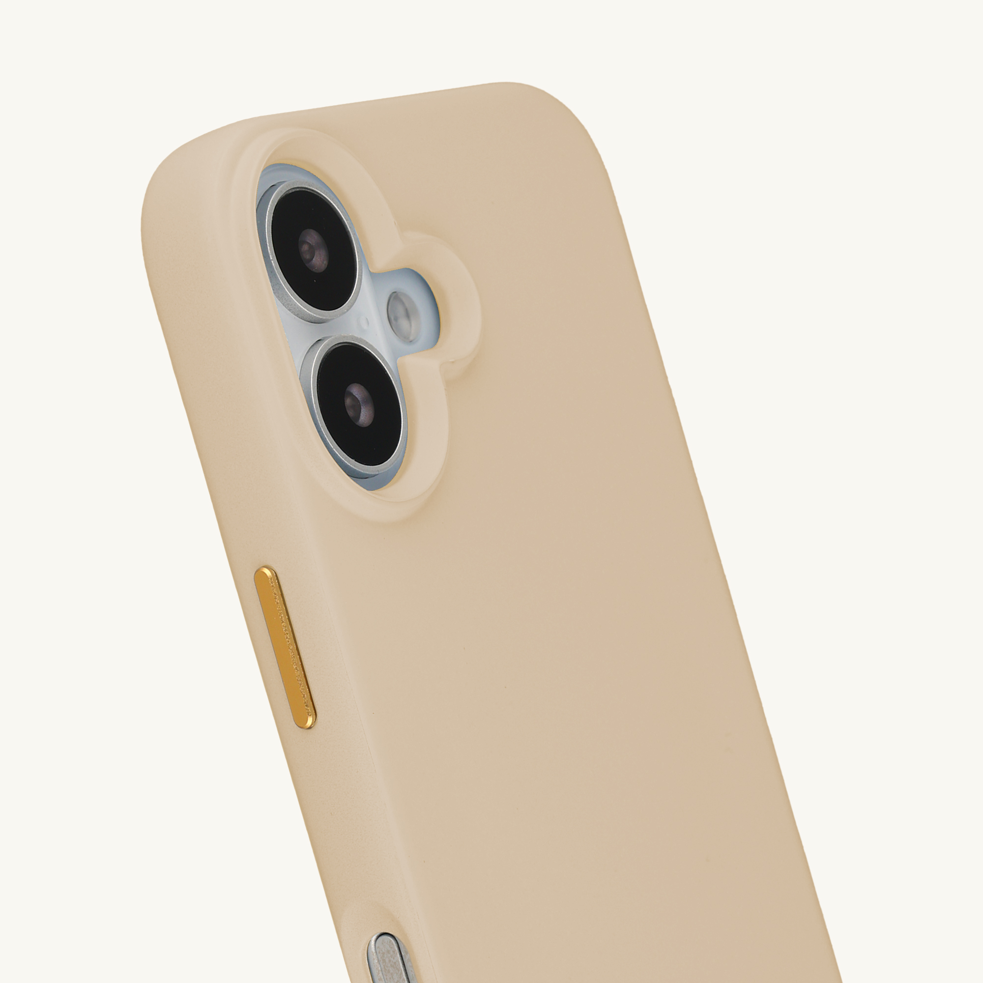Eine beige Handyhülle mit einer doppelten Kameralinse und goldenen Tasten.