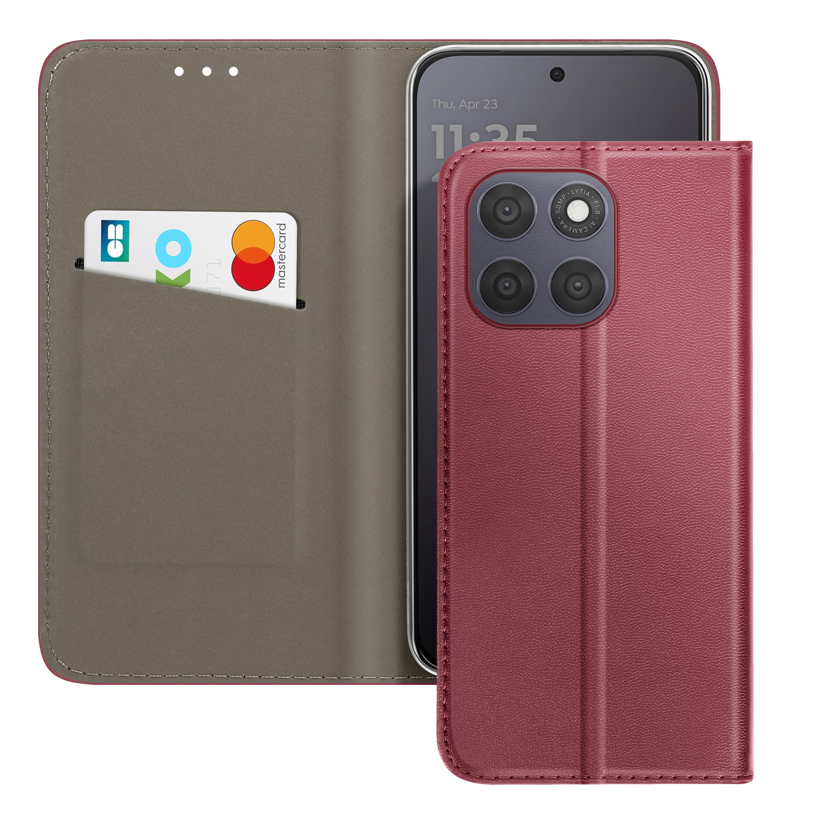 Funda roja para teléfono con ranura para tarjeta y Mastercard. Abierta a la izquierda.