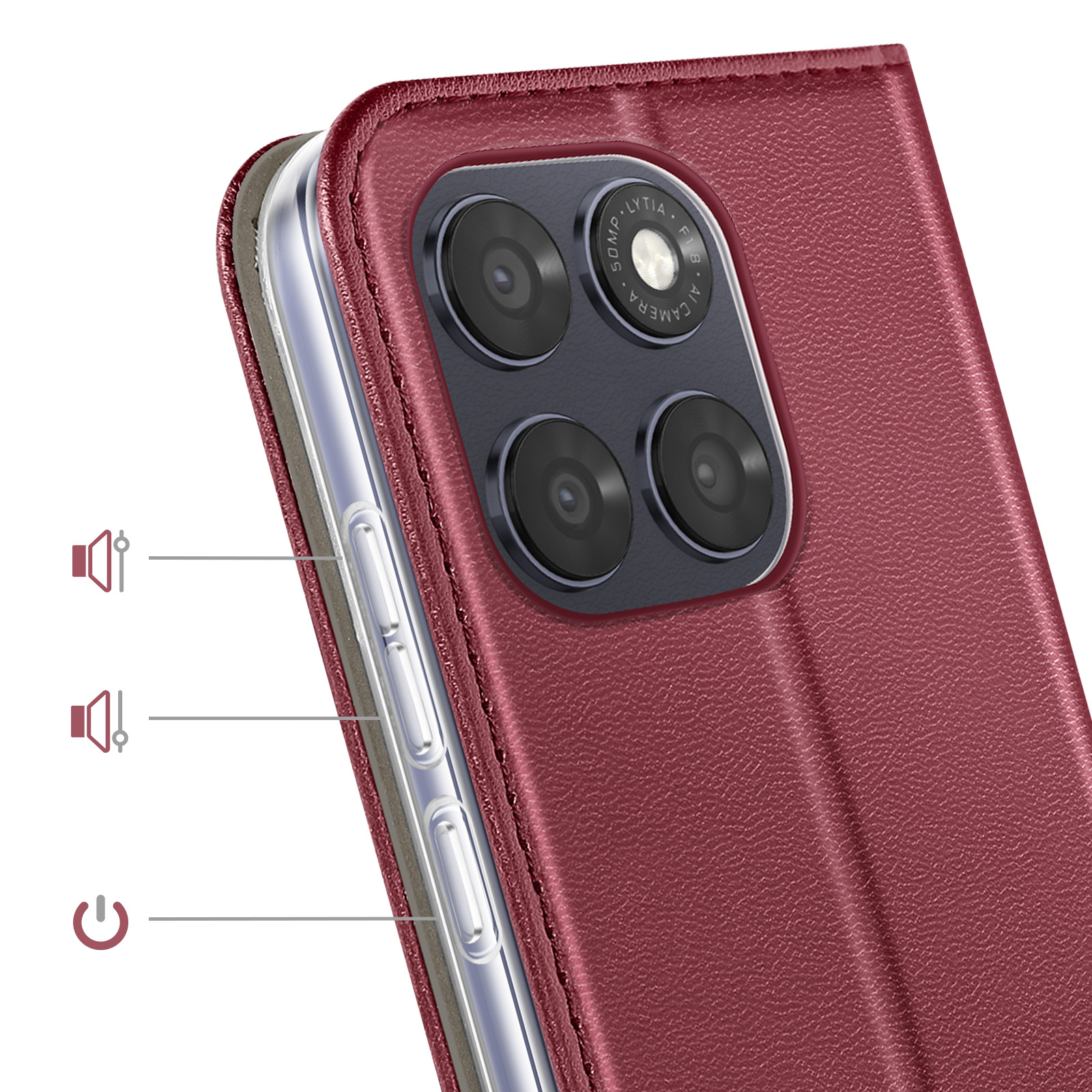 Funda de teléfono de cuero rojo con cámara, botones e iconos de volumen/encendido.