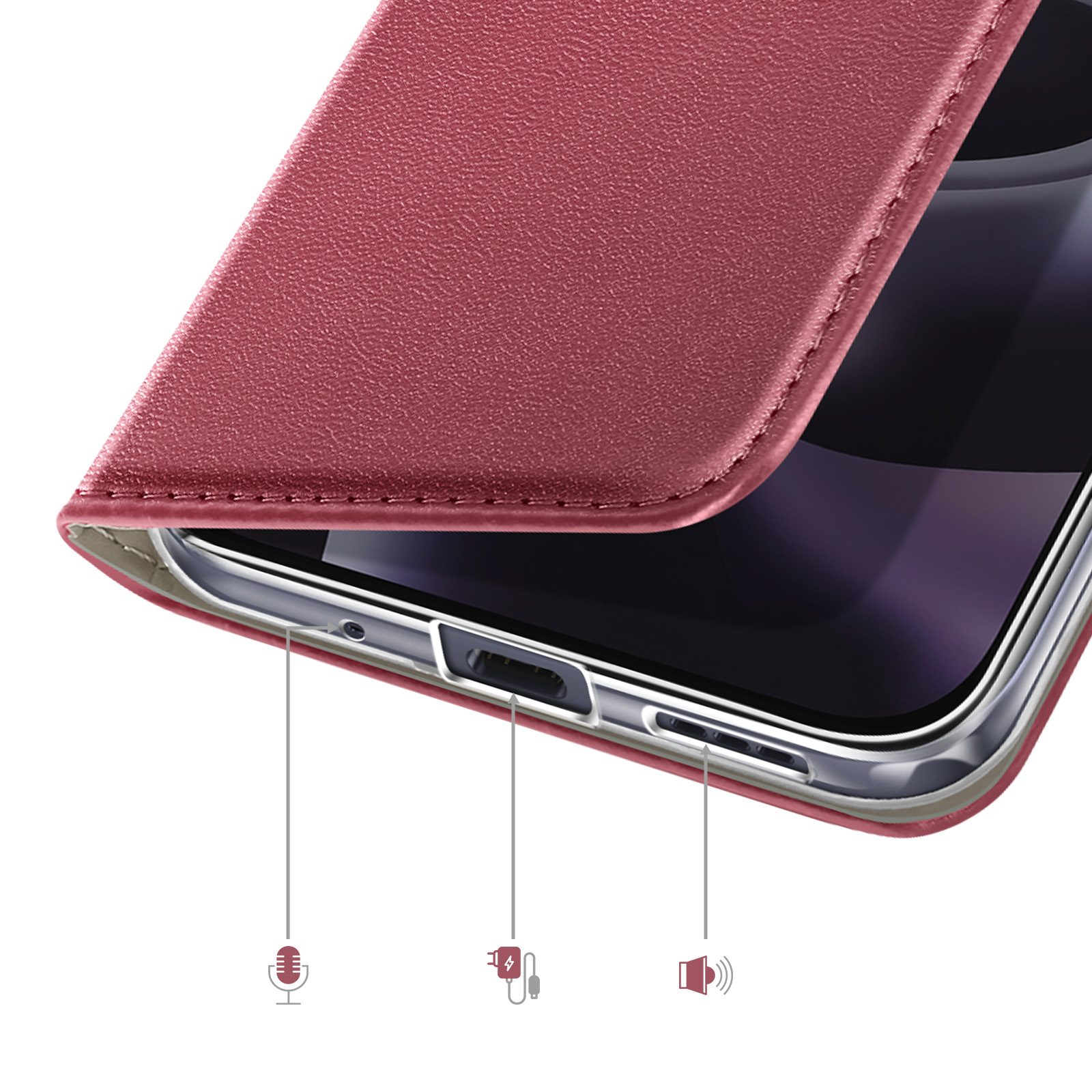 Funda roja para teléfono con iconos de micrófono, carga y altavoz.