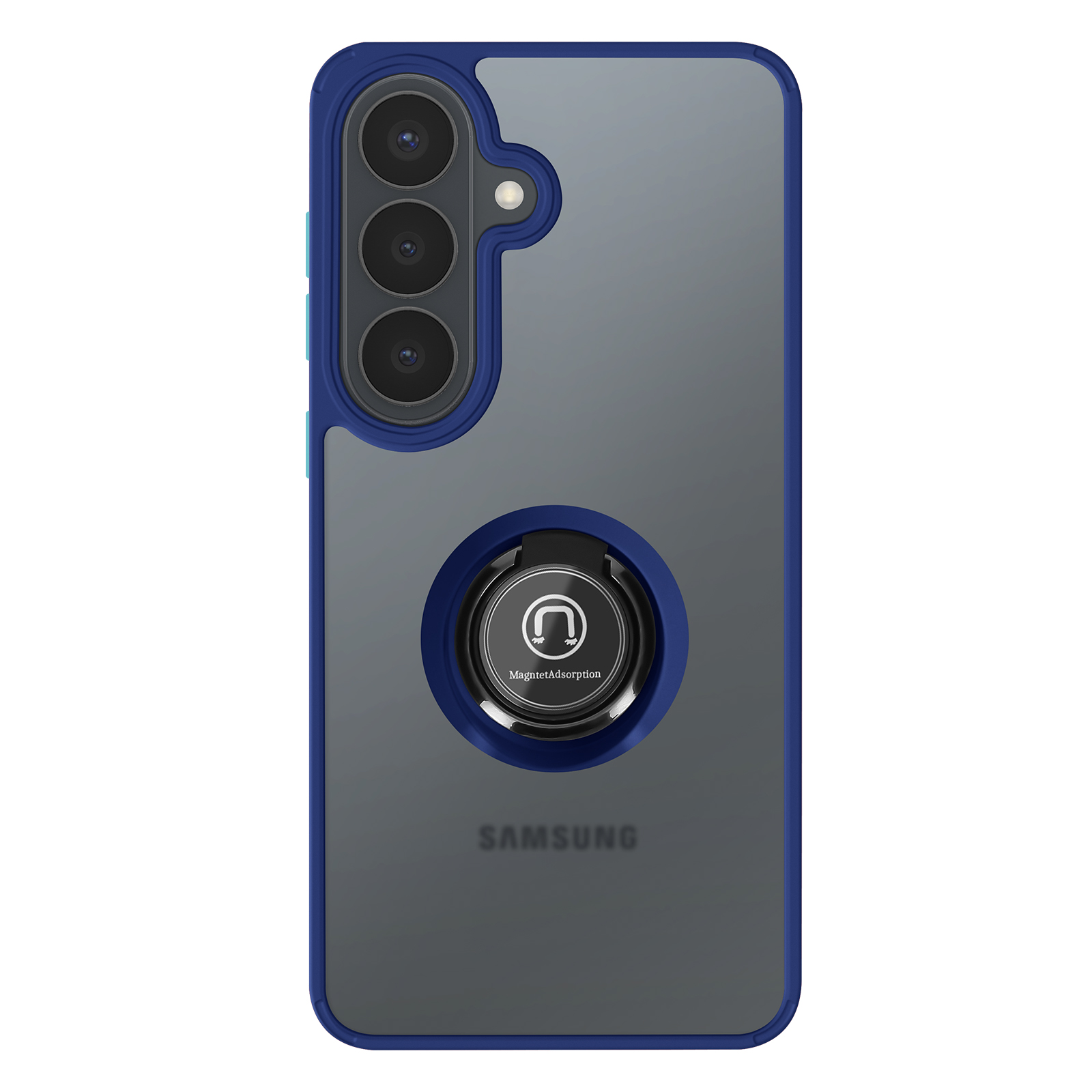 Un smartphone con triple cámara y un soporte de anillo en la parte trasera.
