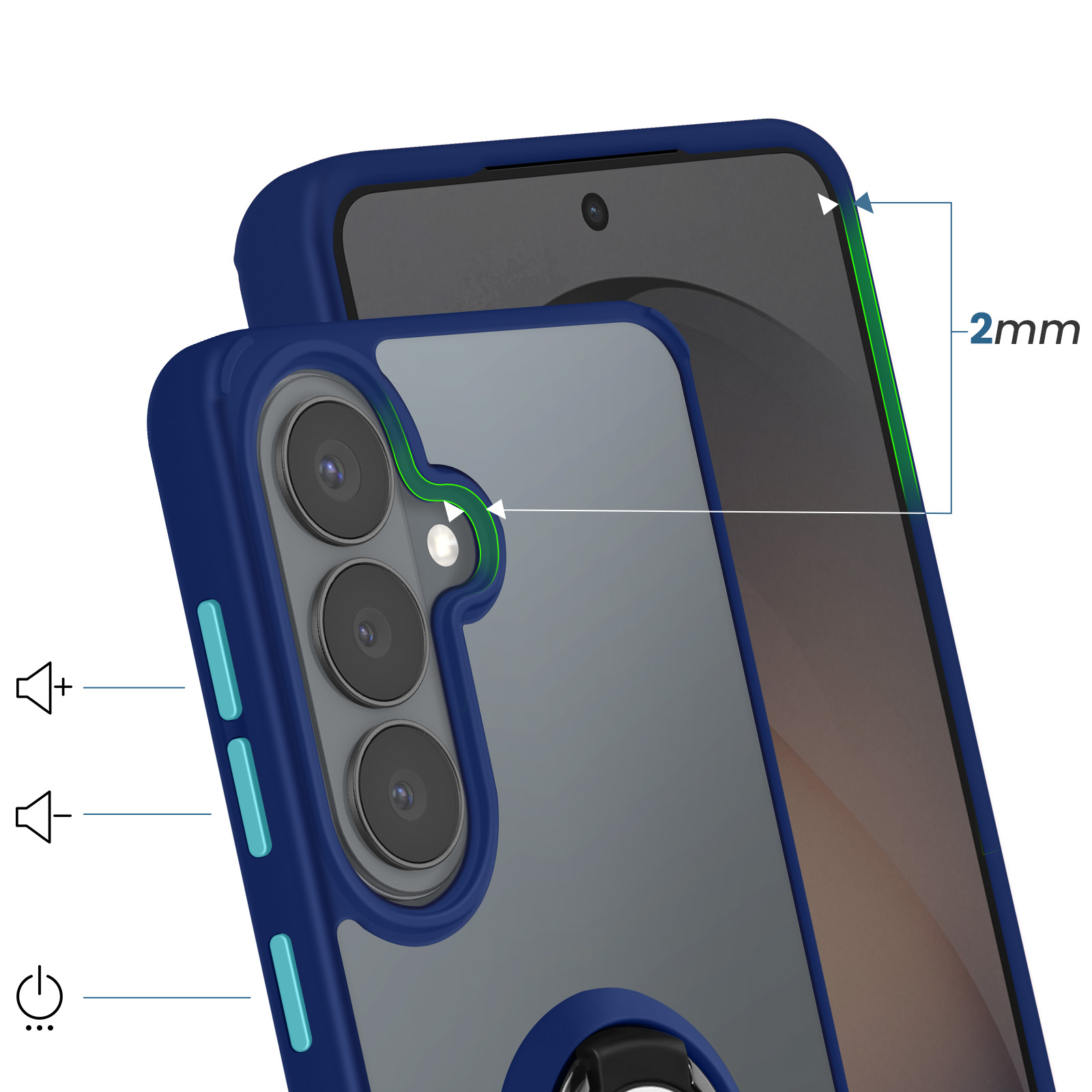Una funda azul para teléfono con parte trasera transparente muestra triple cámara y protección de pantalla de 2mm.
