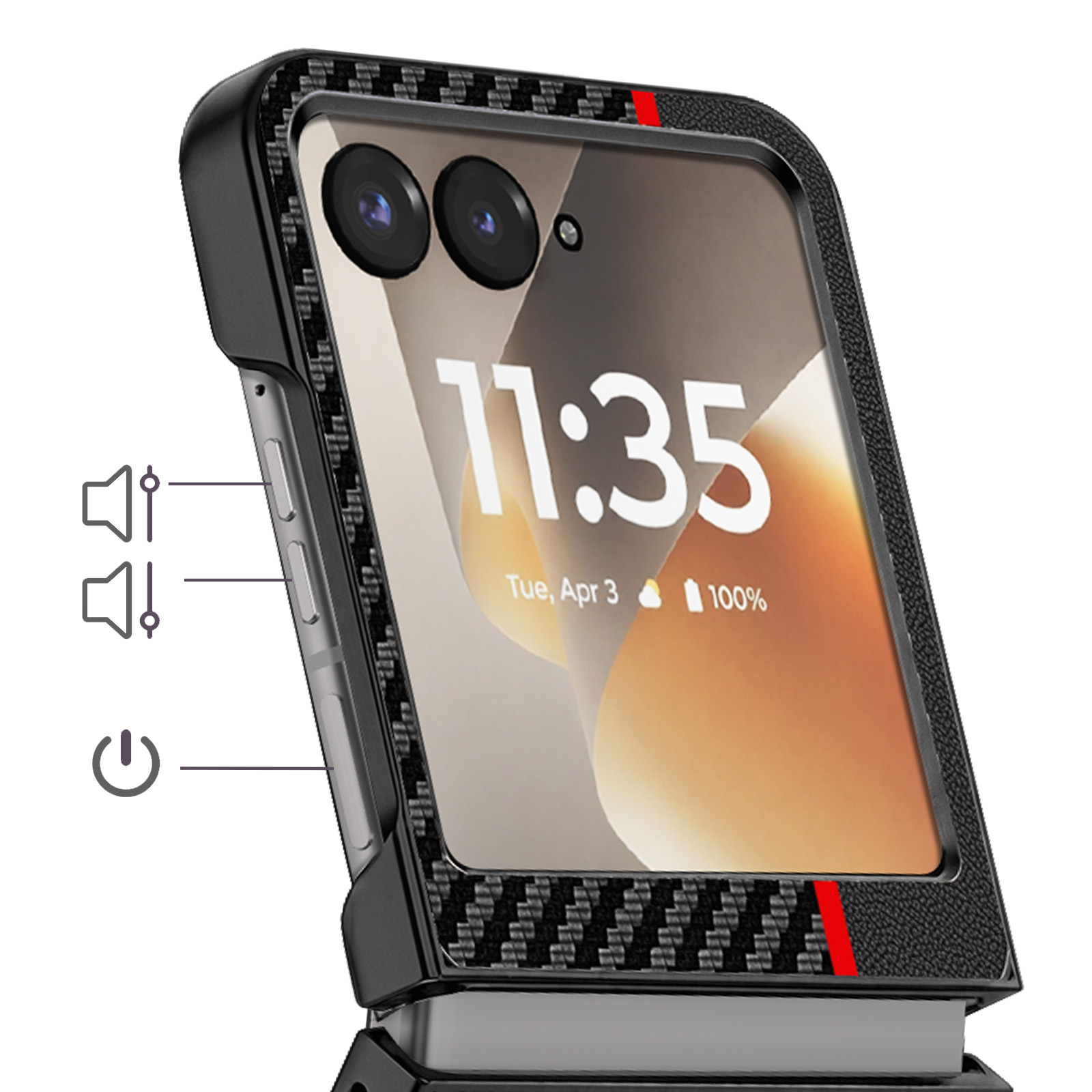 Telefon in schwarzer Carbonfaserhülle, zeigt 11:35 auf dem Bildschirm. Lautstärke- und Ein-/Aus-Tasten sichtbar.