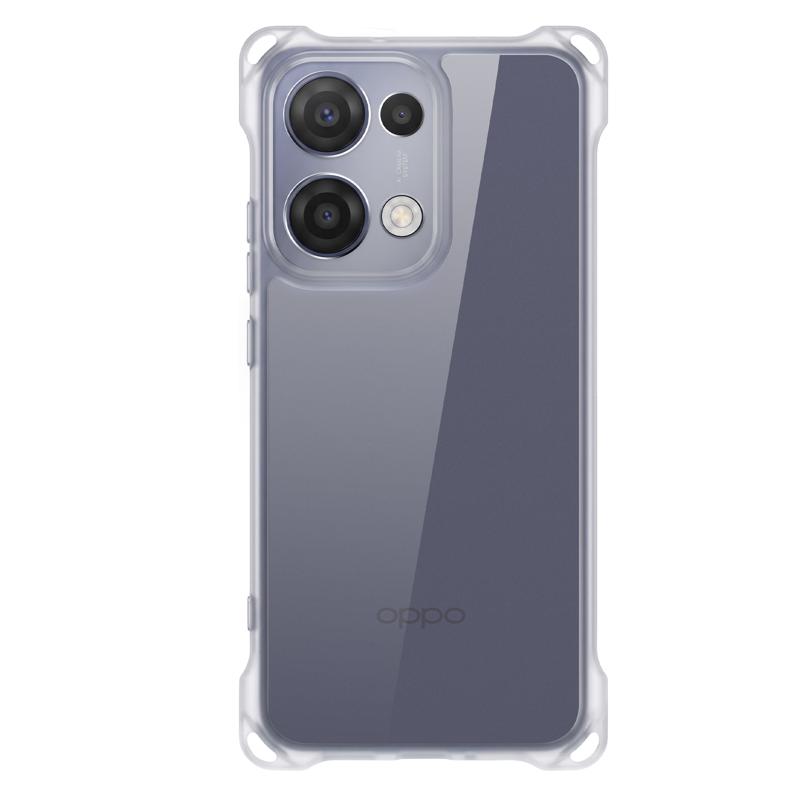 Transparente Handyhülle mit Kamera-System auf der Rückseite und dem Oppo-Logo.