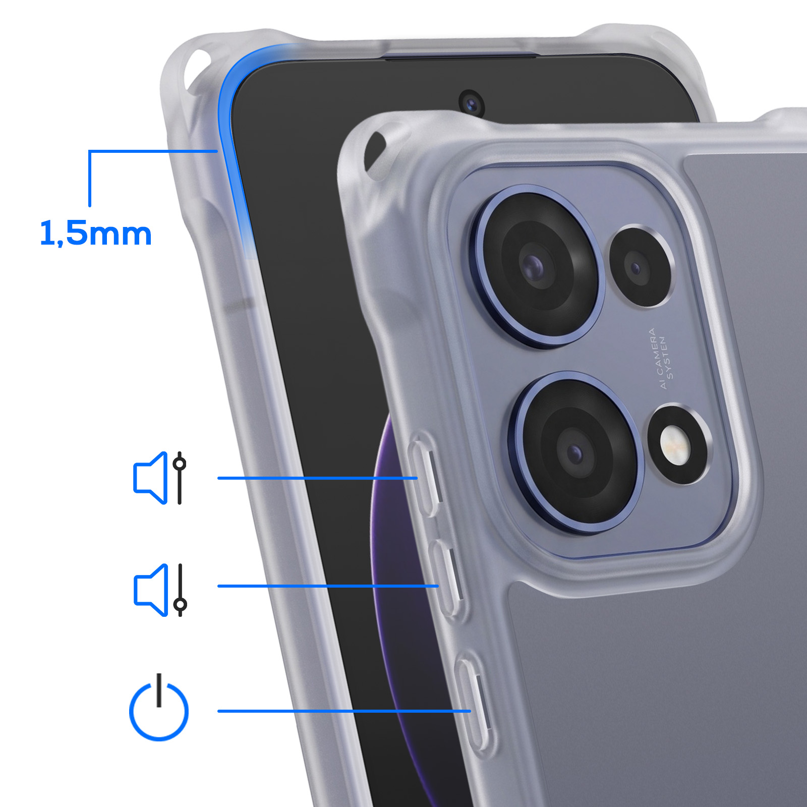 Ein durchsichtiger Handyhülle schützt ein Smartphone mit drei Kameras.