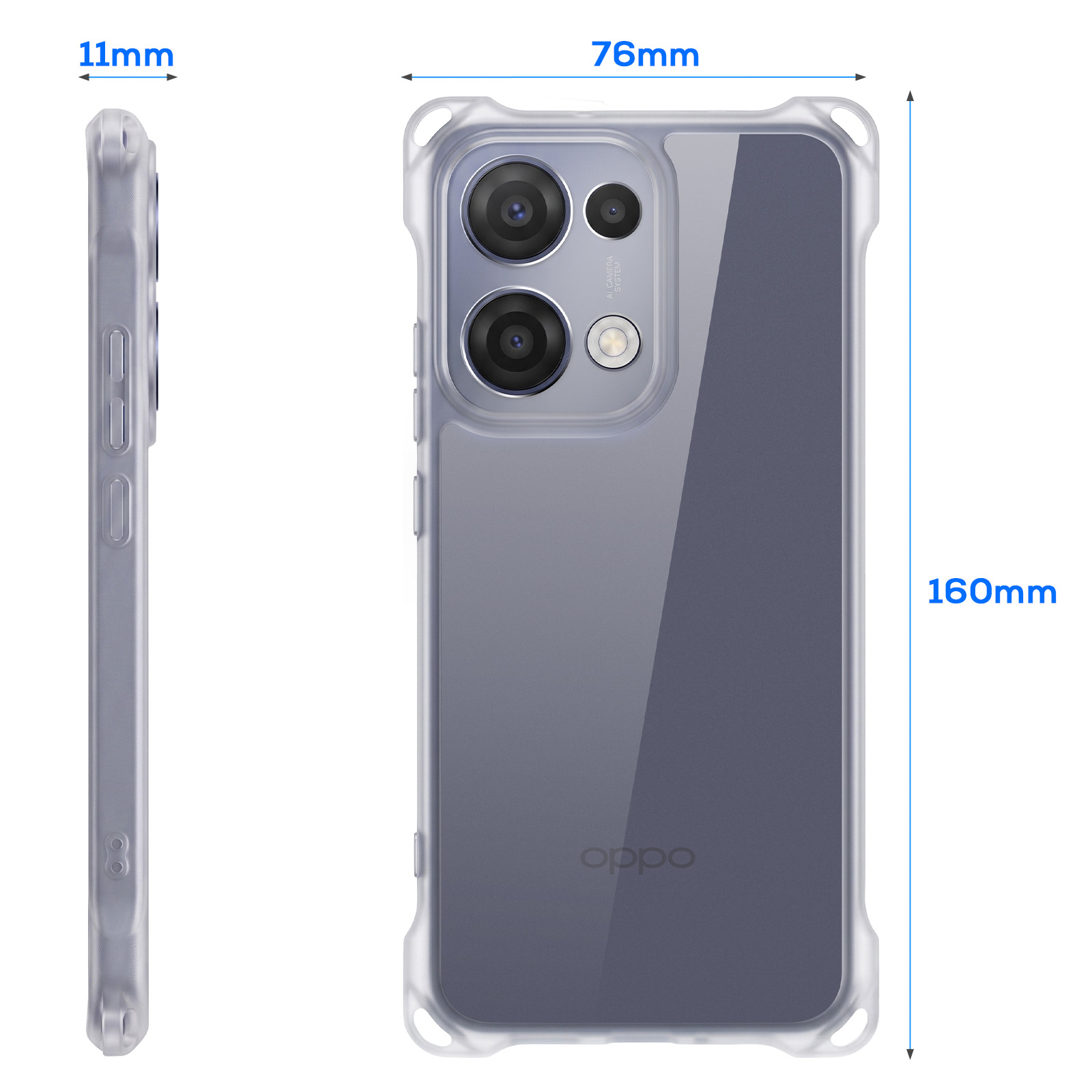 Transparente Handyhülle mit Maßen 76x160x11mm, Kamera und Oppo-Logo.