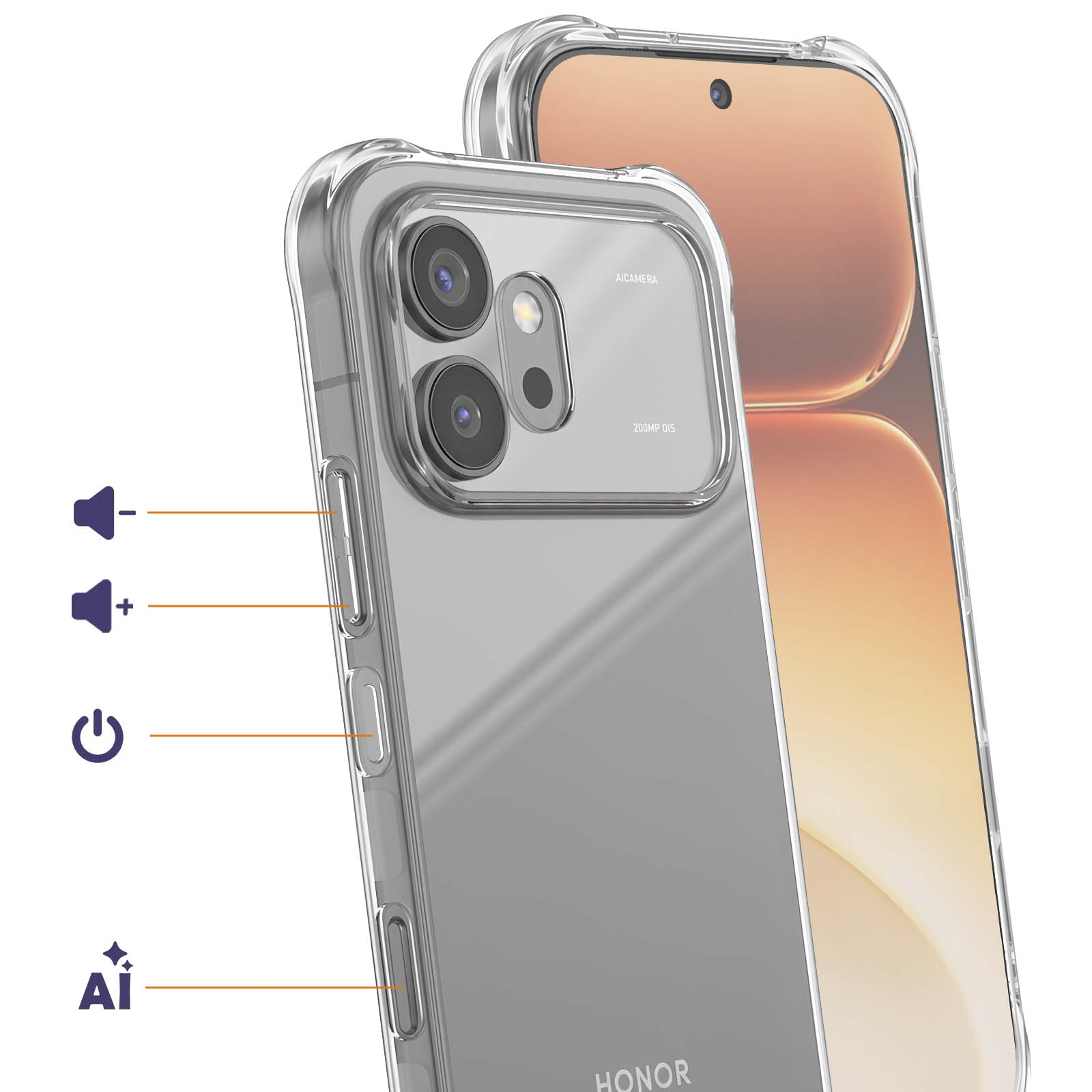 Ein durchsichtiger Handykoffer mit einem Smartphone. Kameras und Tasten sind sichtbar.