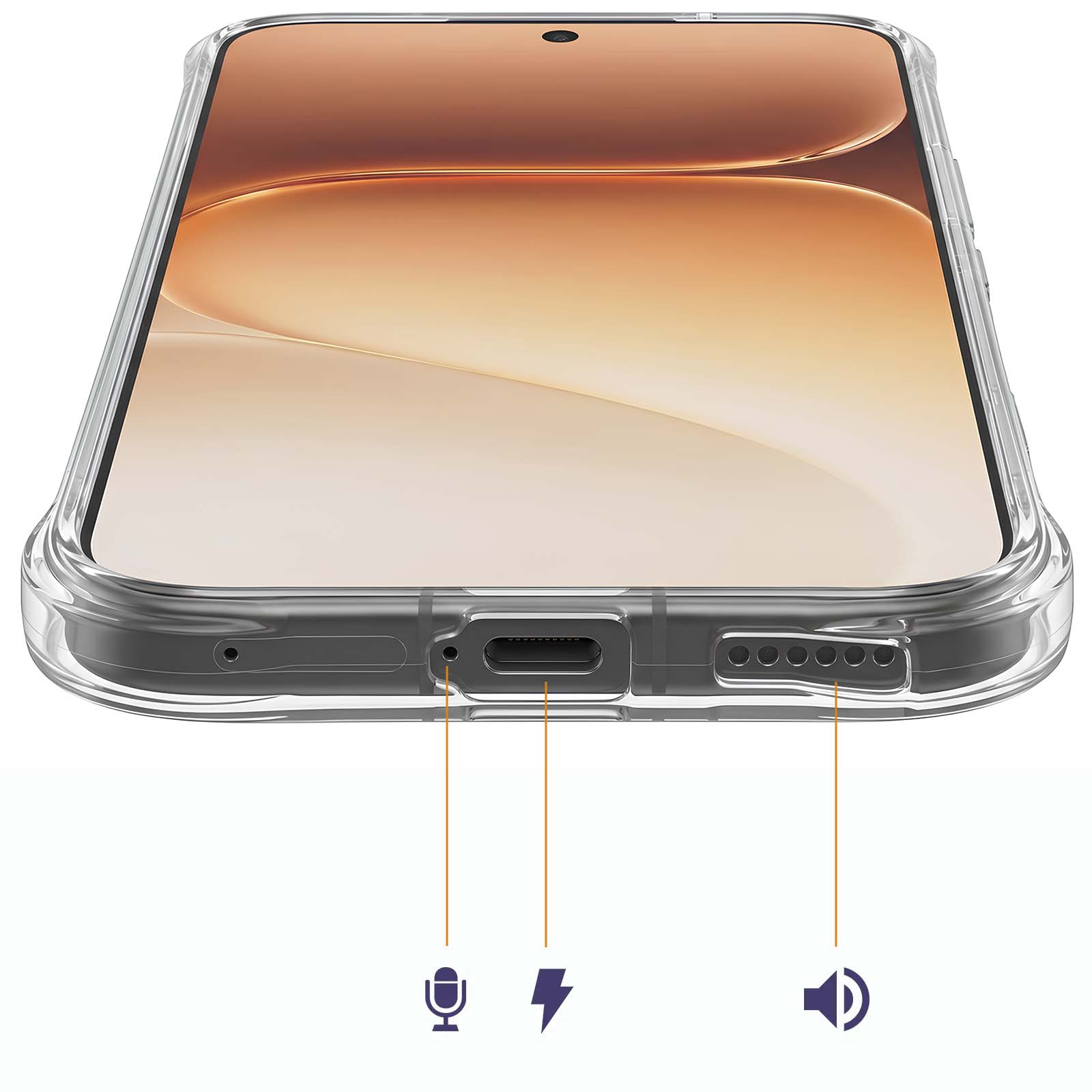 Nahaufnahme des unteren Rands eines Smartphones mit Ladeanschluss, Mikrofon, Blitz und Lautsprecher.