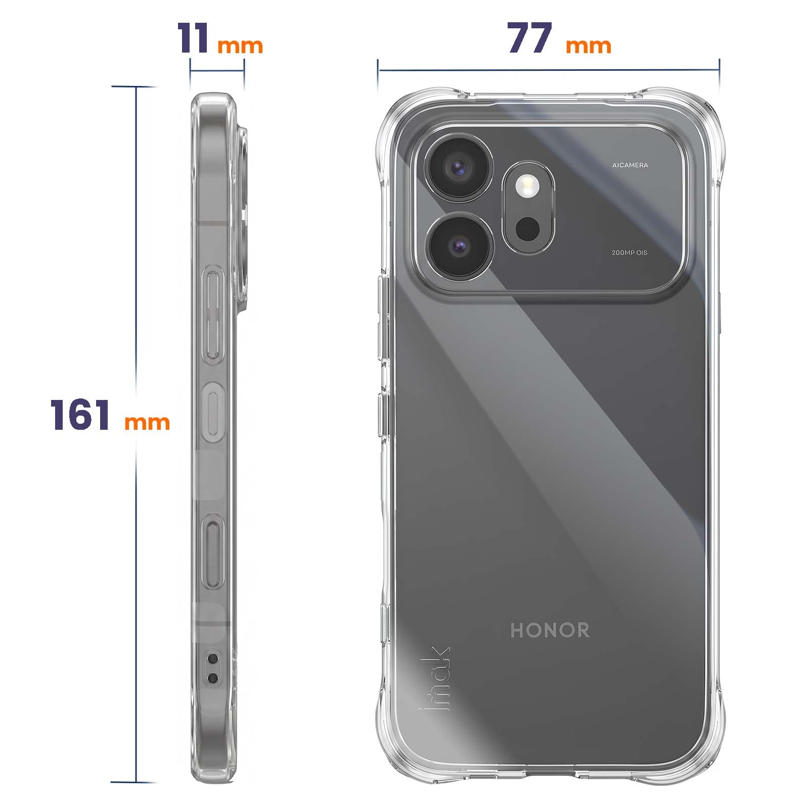 Transparente Hülle für Honor-Telefon mit Maßen 161x77x11mm.