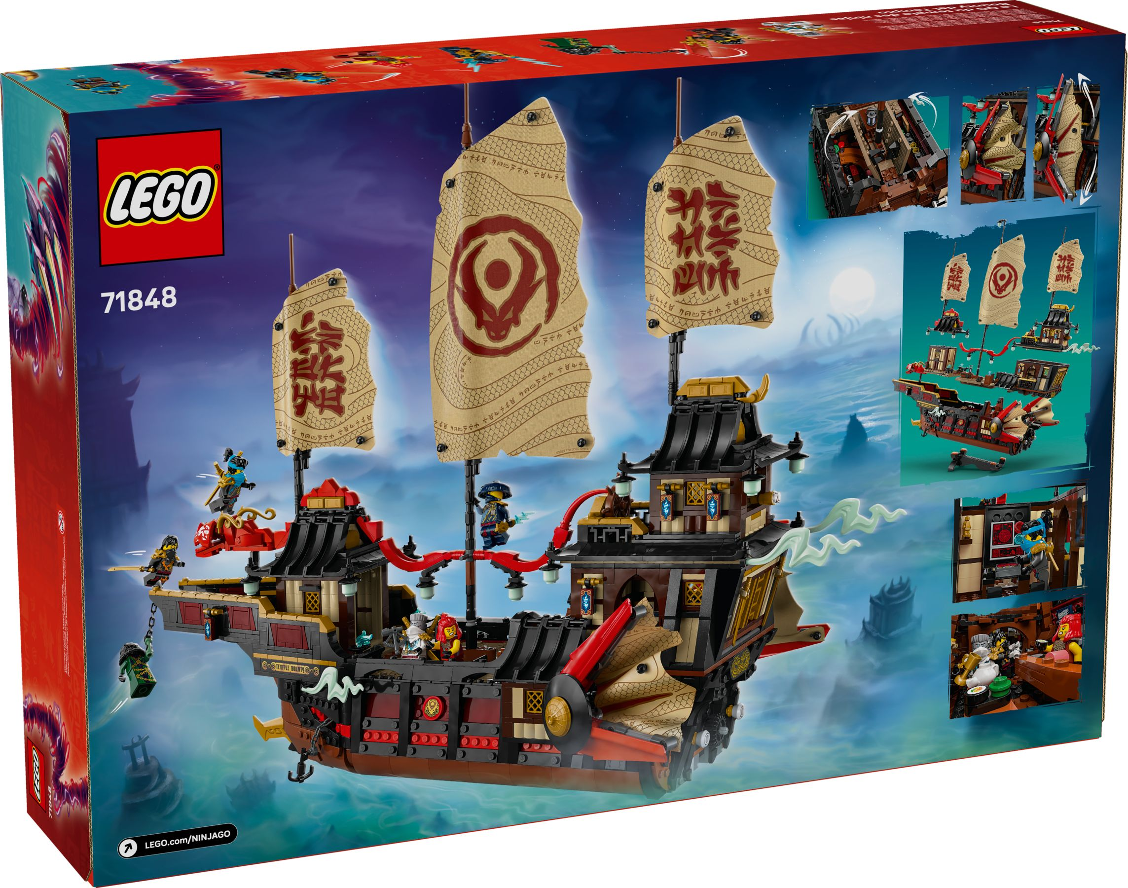 Ein Lego Ninjago Schiff mit Segeln, Figuren und Drachenkopf-Verzierung.