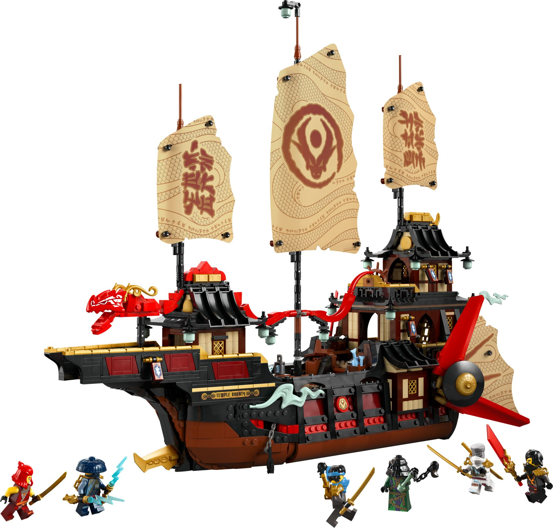 Ein Lego-Schiff mit Drachenkopf, Segeln und Figuren.