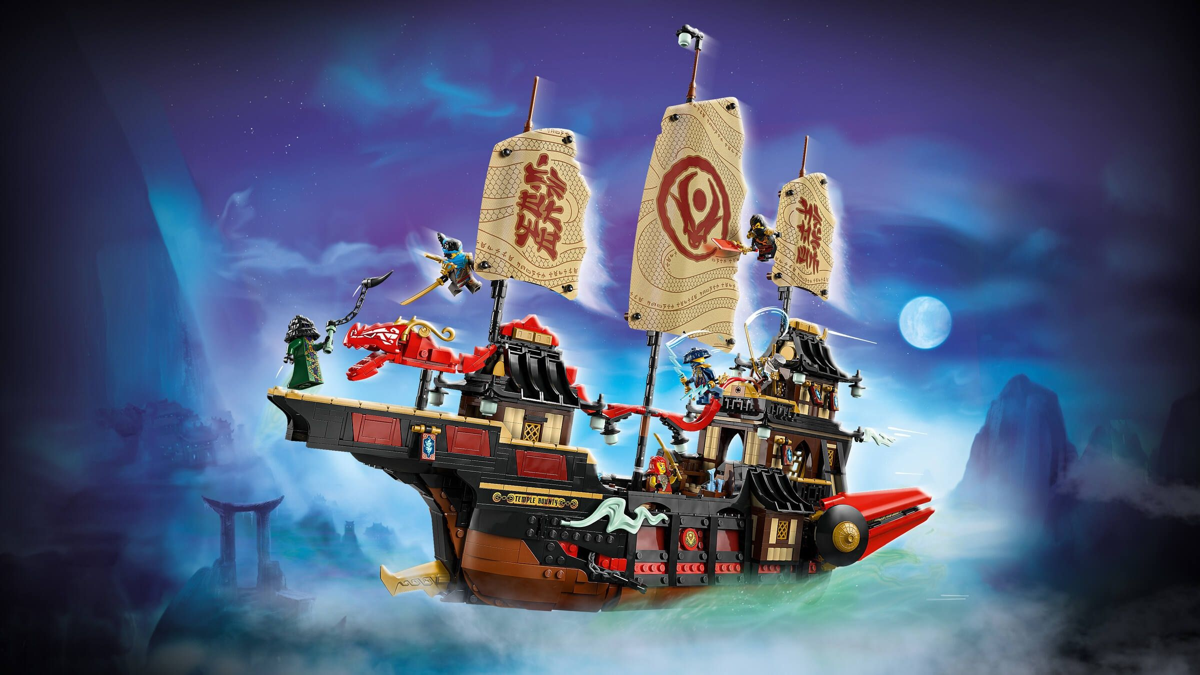Ein Lego-Schiff mit Drachenkopf, Segeln und Figuren auf einem blauen Himmel.