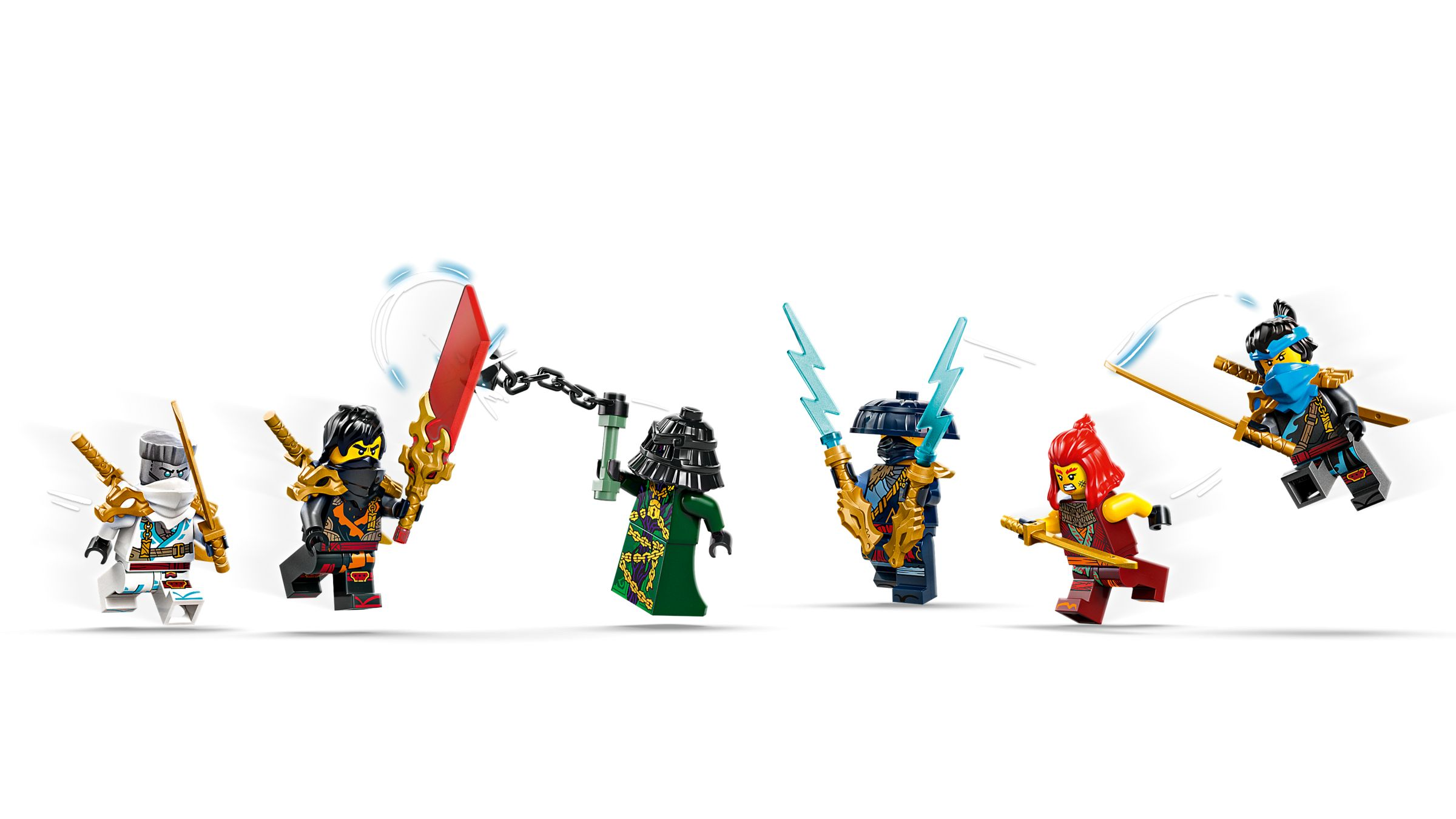 Sechs Lego-Ninjas mit Schwertern und Waffen in dynamischen Posen.
