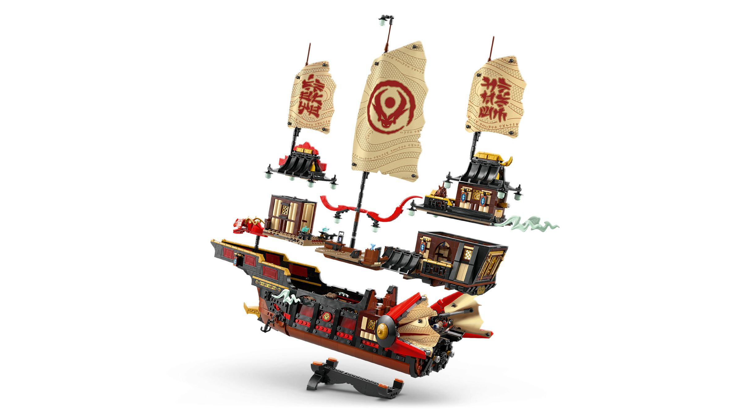 Ein detailliertes Lego-Schiff mit roten und schwarzen Akzenten, Segeln und Drachenköpfen.