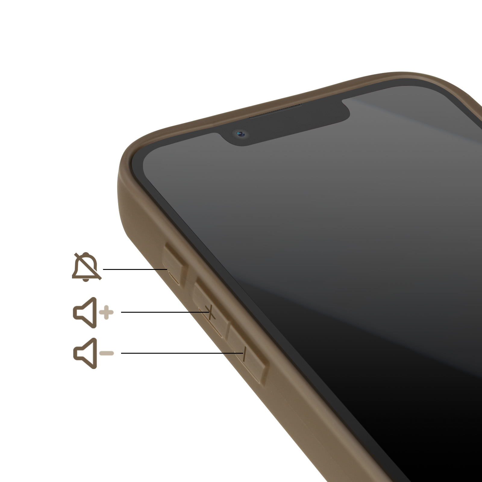 Braune Hülle für ein Smartphone mit Lautstärke- und Stummschalttasten.