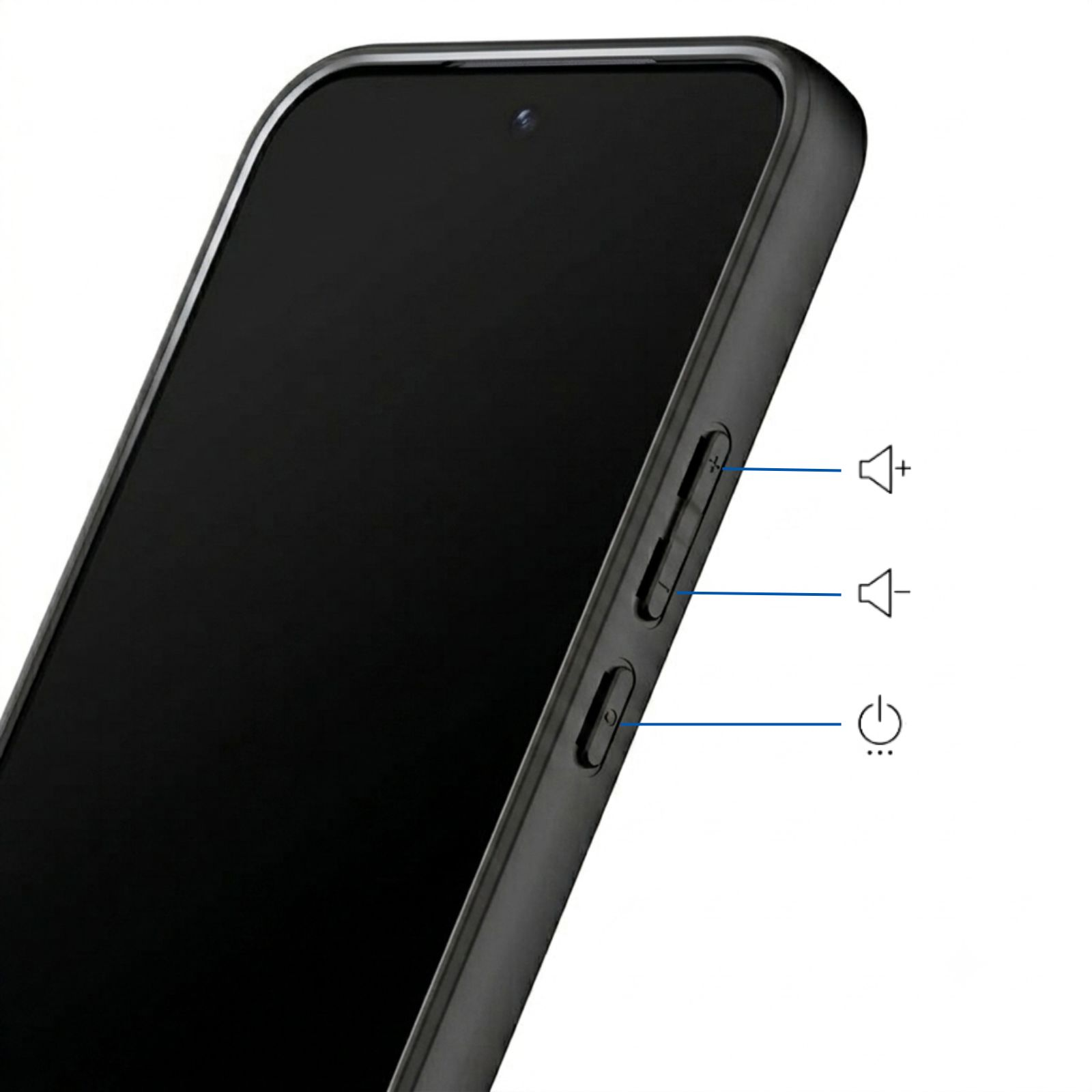 Nahaufnahme eines schwarzen Smartphones mit Lautstärke- und Ein-/Aus-Tasten.