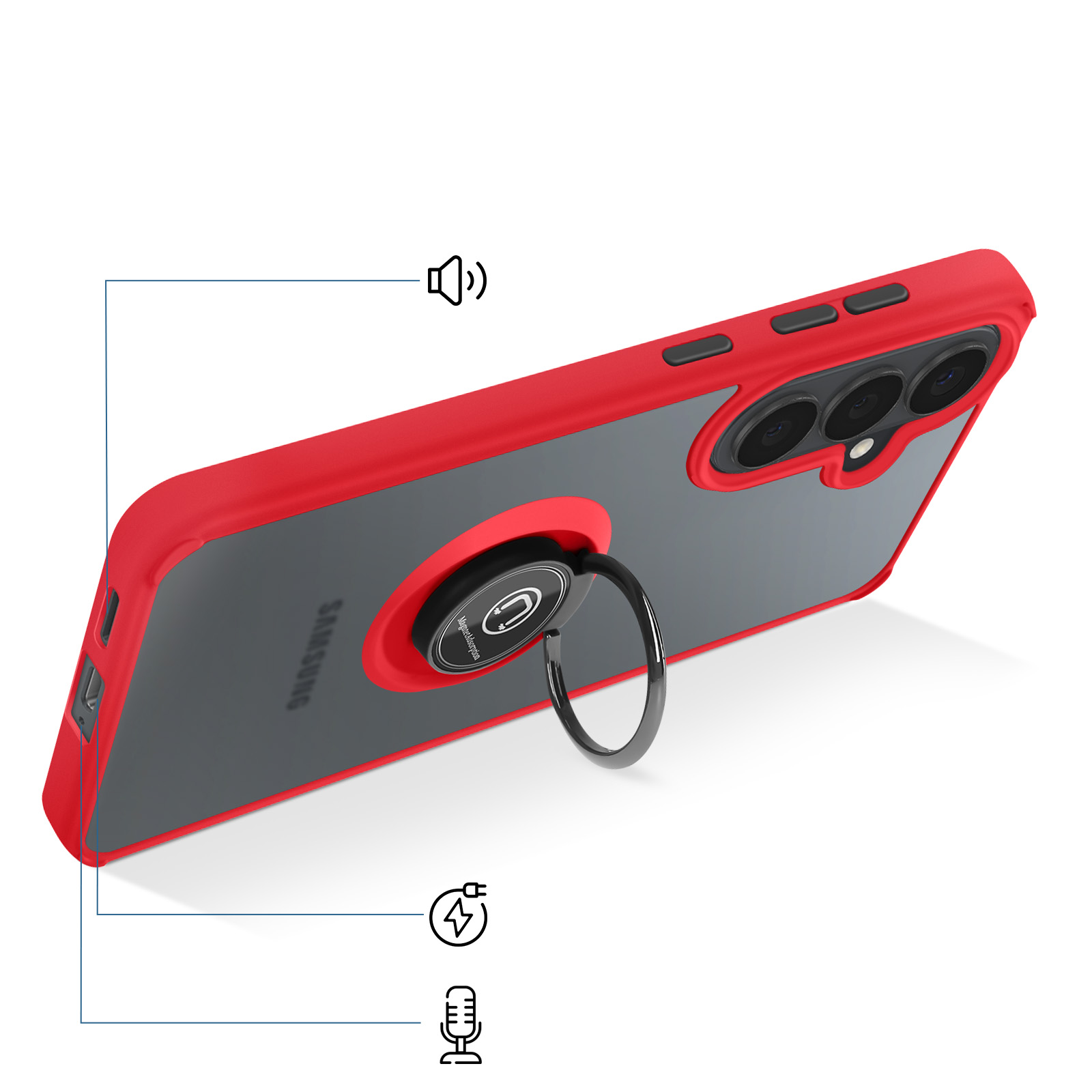 Rote Handyhülle mit Ringständer und klarer Rückseite mit Samsung-Logo.