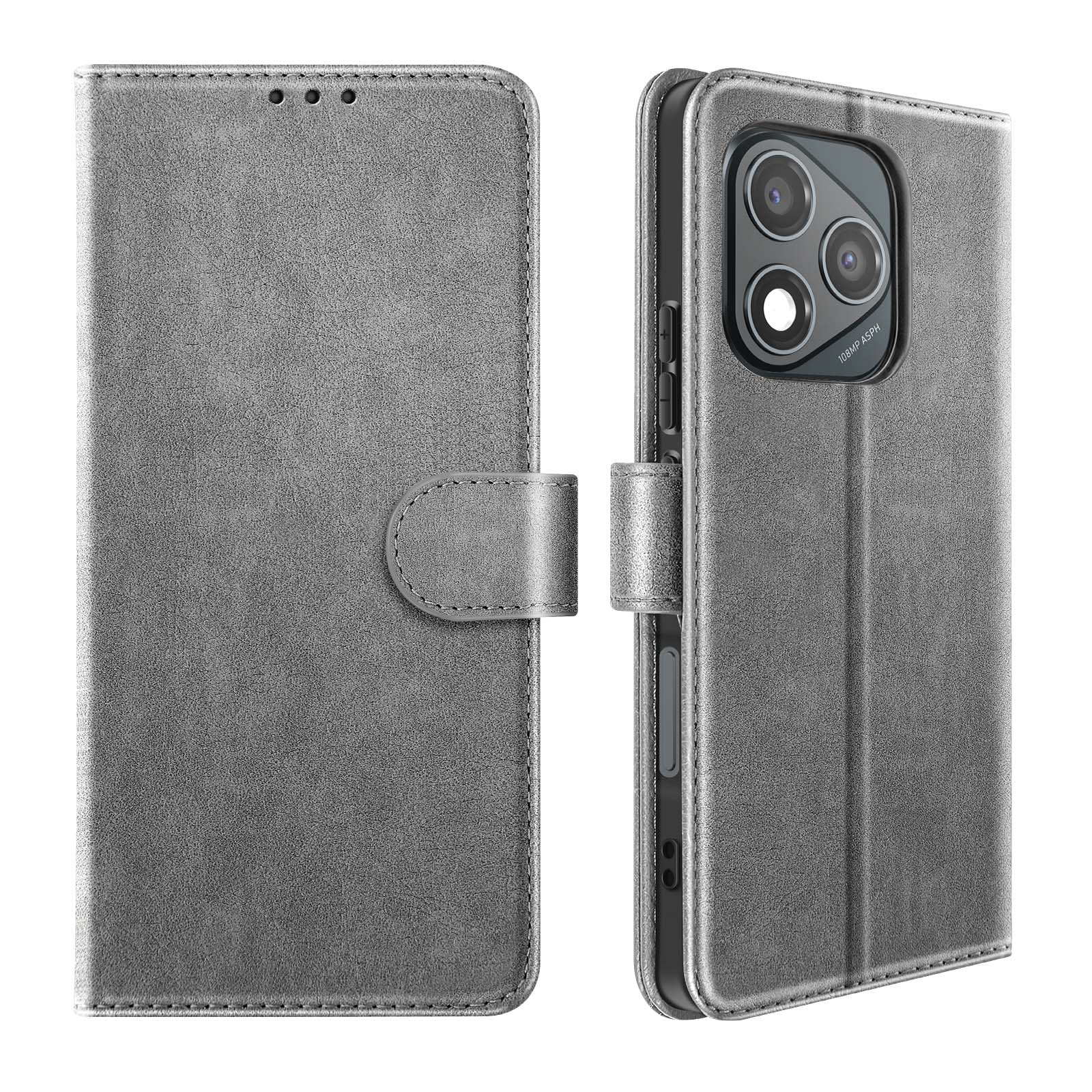 Graues Handy-Flip-Case mit drei Kameralinsen und einem Verschluss.