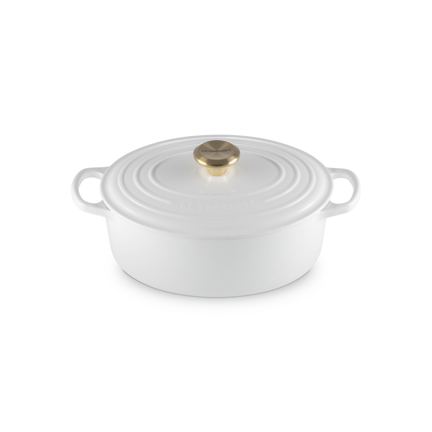 Une cocotte blanche avec couvercle et bouton doré sur fond blanc.