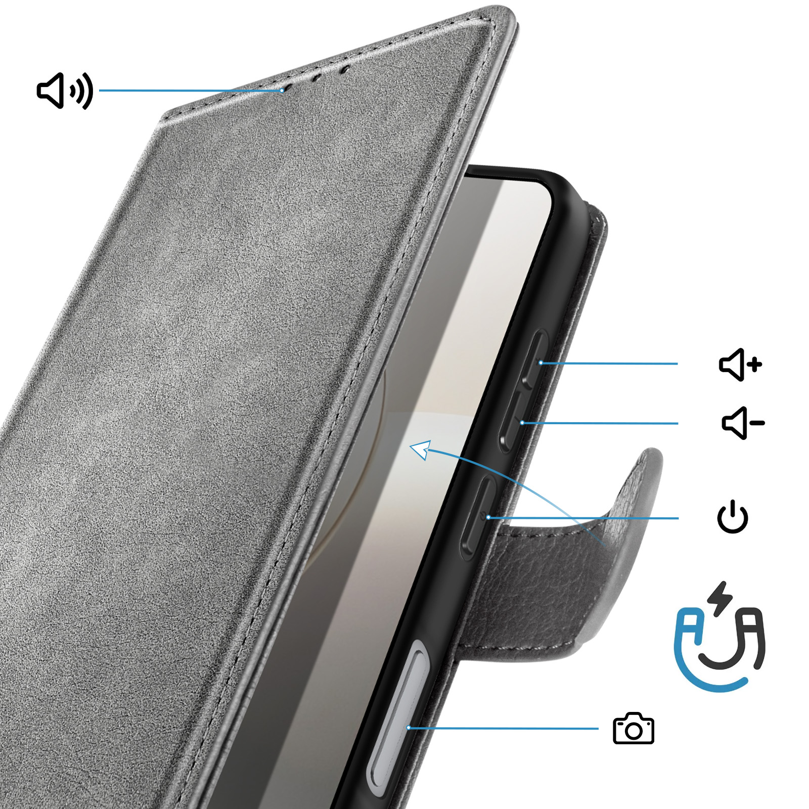 Graues Handy-Flip-Case mit Symbolen für Lautstärke, Ein/Aus und Kamera.