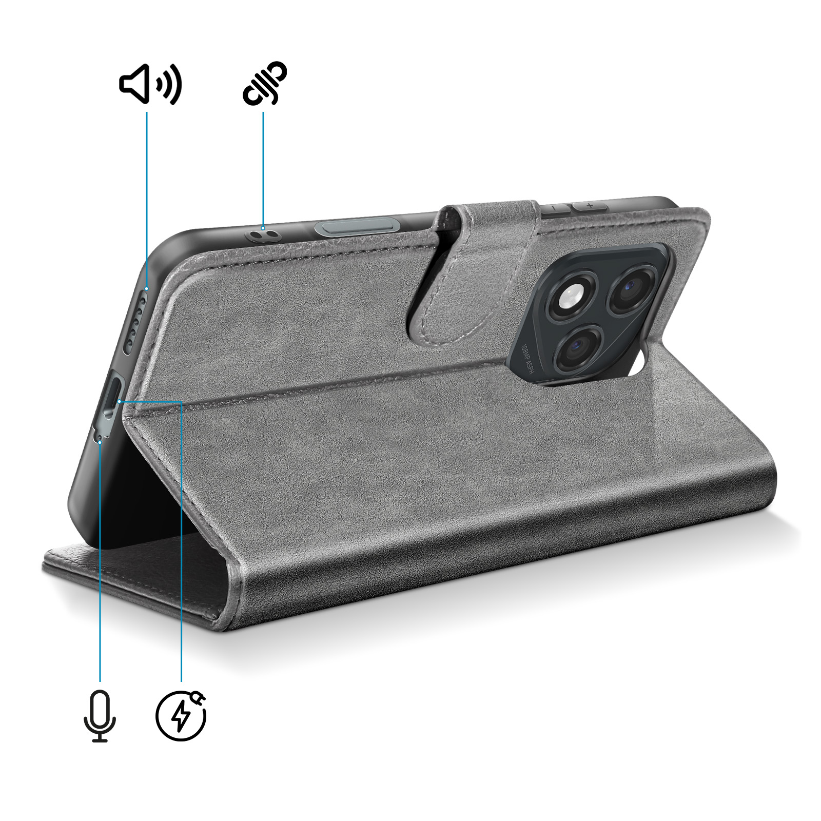Graues Handycover mit Lautsprecher-, Mikrofon-, Lade-Symbolen und Kameramodul.