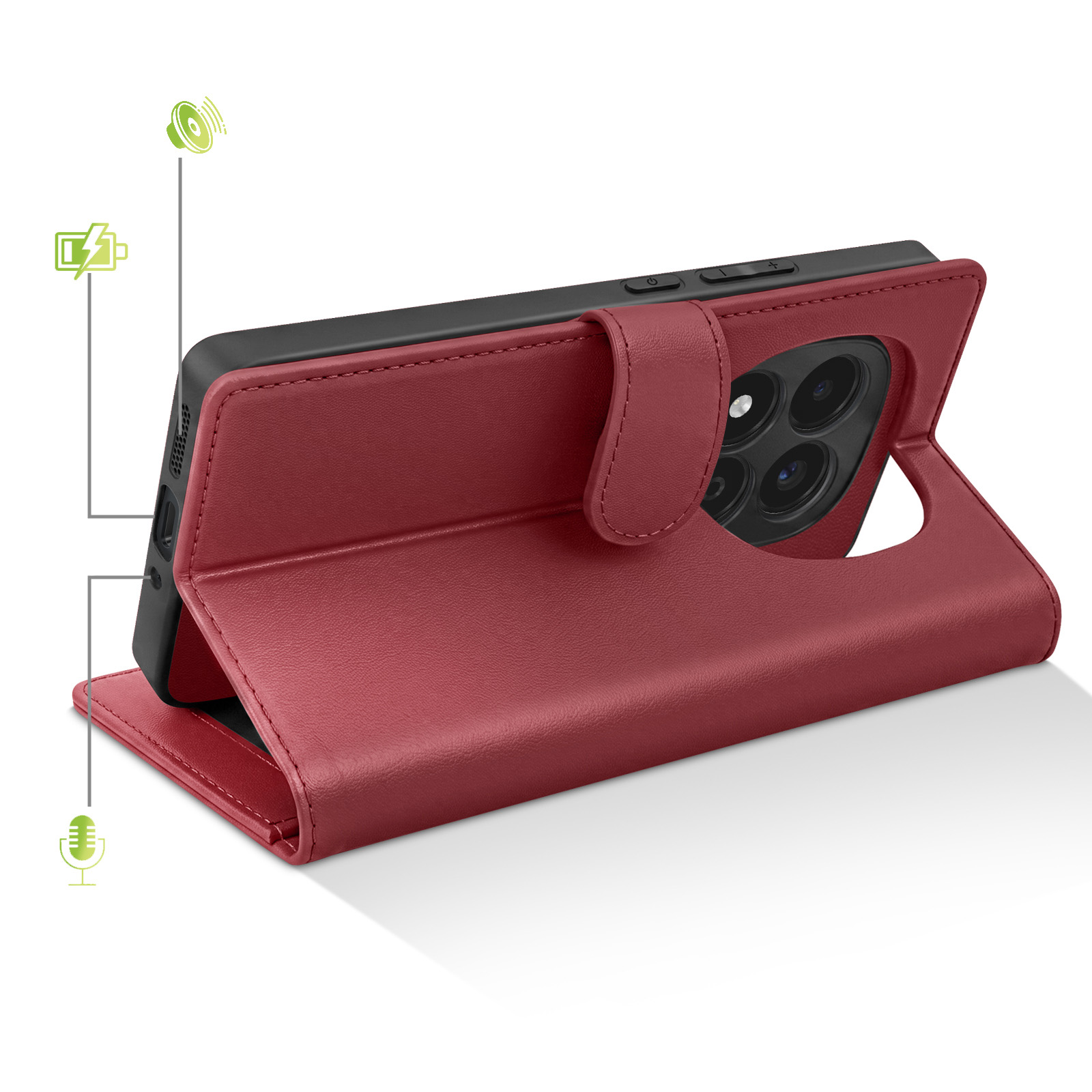 Rotes Leder-Flip-Handyhülle mit Kameralinsen und Symbolen für Ton und Mikrofon.