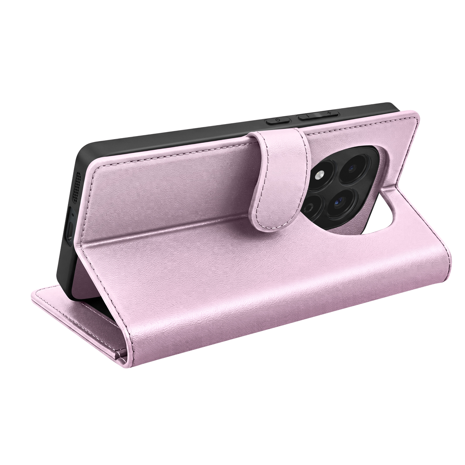Una funda de teléfono plegable rosa con cámara en la parte trasera.