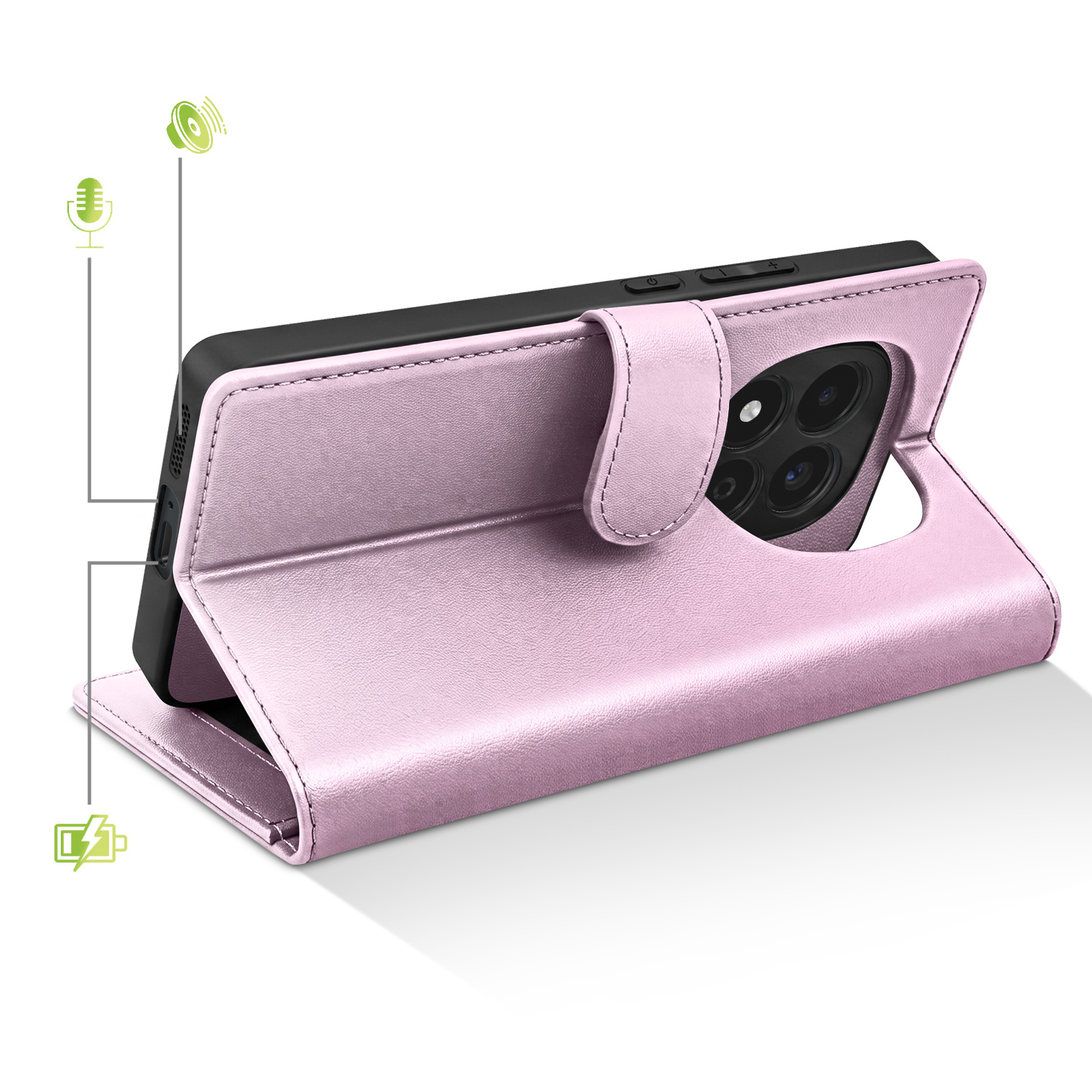 Funda rosa para teléfono con recorte de cámara y cierre magnético.