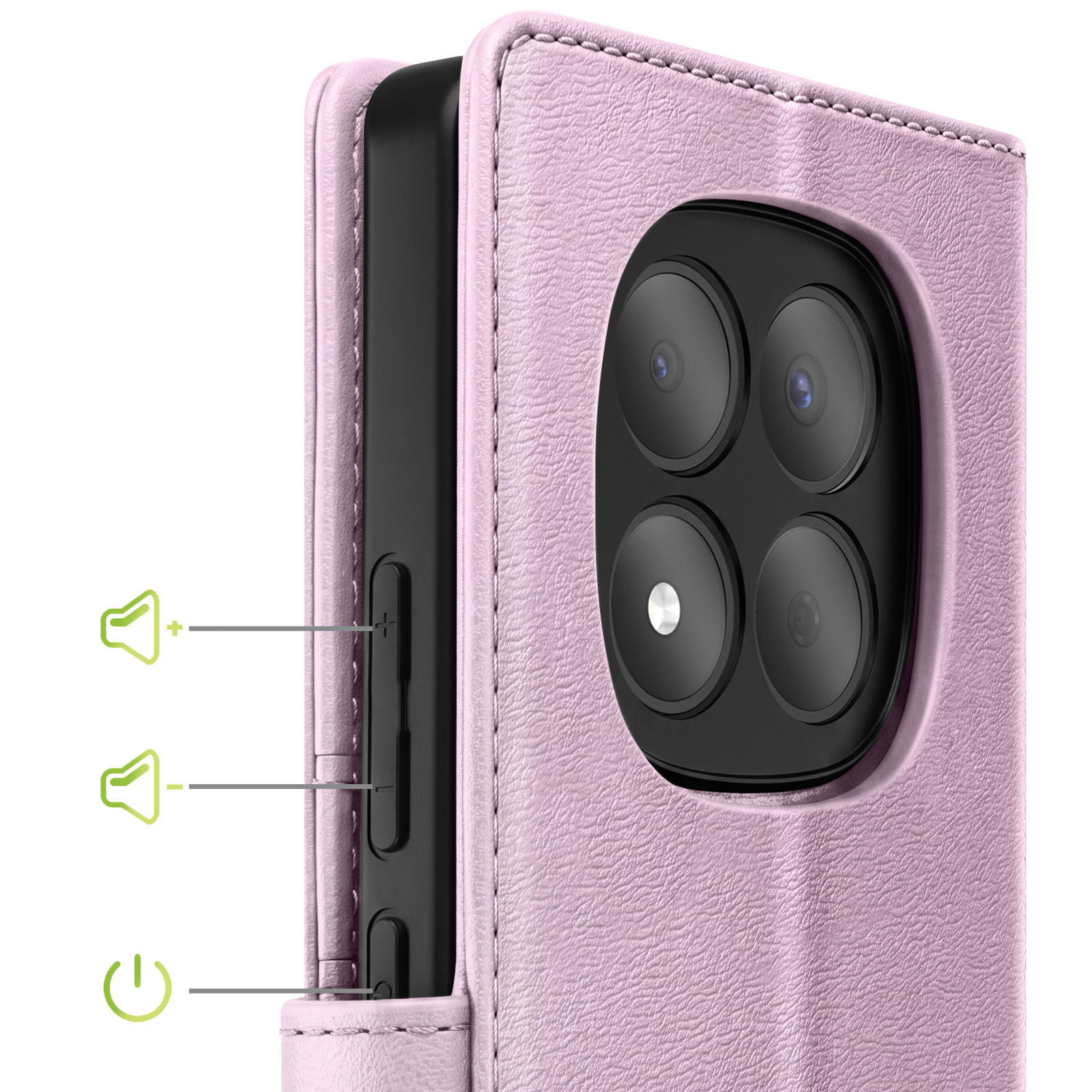 Funda rosa para teléfono con cámara cuádruple y botones laterales.