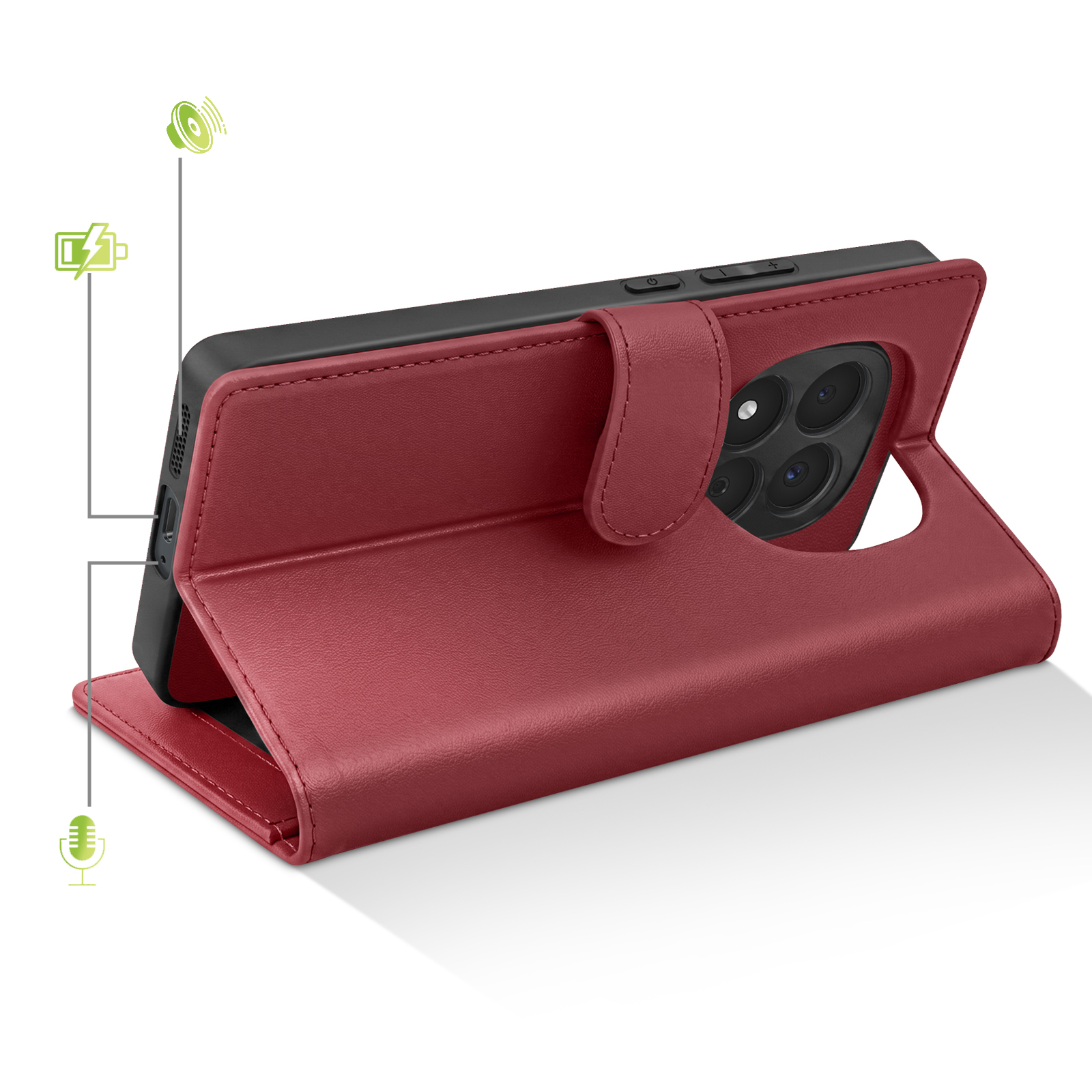 Ein rotes Leder-Flip-Cover für ein Smartphone, das auf der Seite liegt.