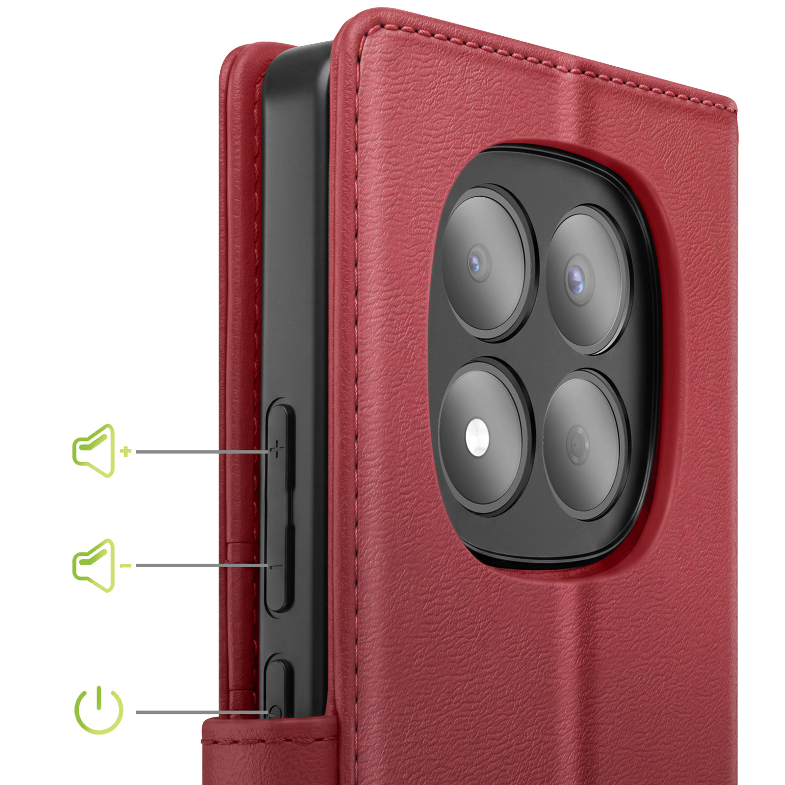 Rote Lederhülle für Smartphone mit Kamera und Lautstärketasten.