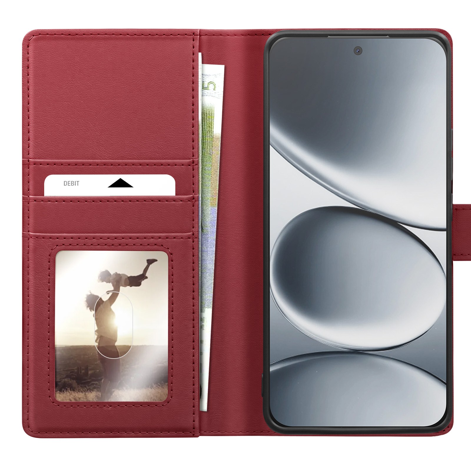 Rote Leder-Wallet-Hülle geöffnet, zeigt Handy, Debitkarte, Geld und Foto.