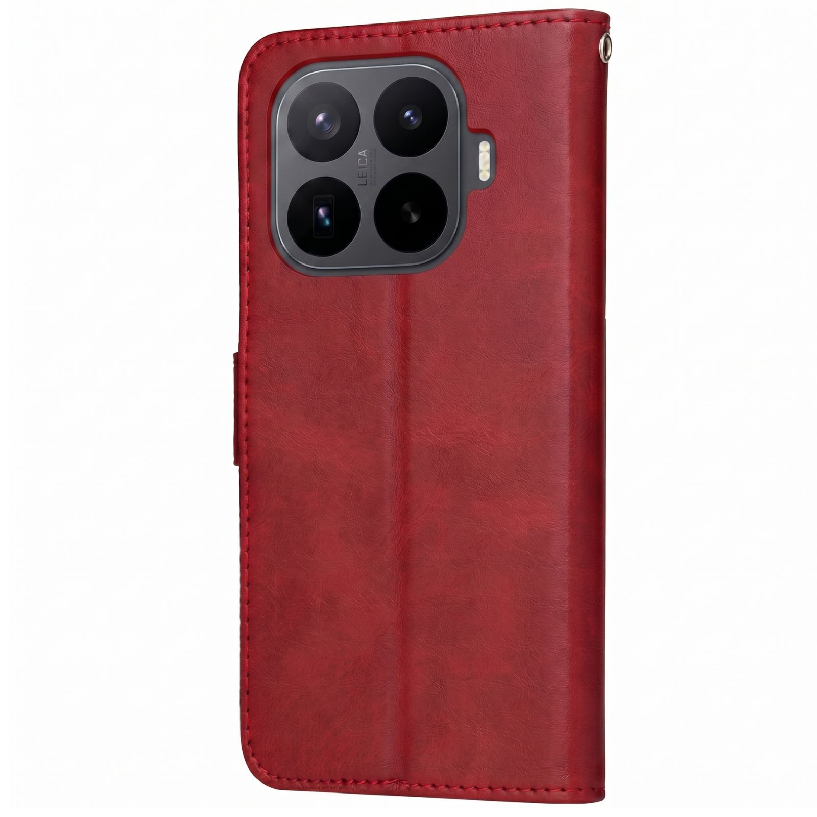 Rote Lederhülle für ein Smartphone mit vierfach Kameraobjektiv.