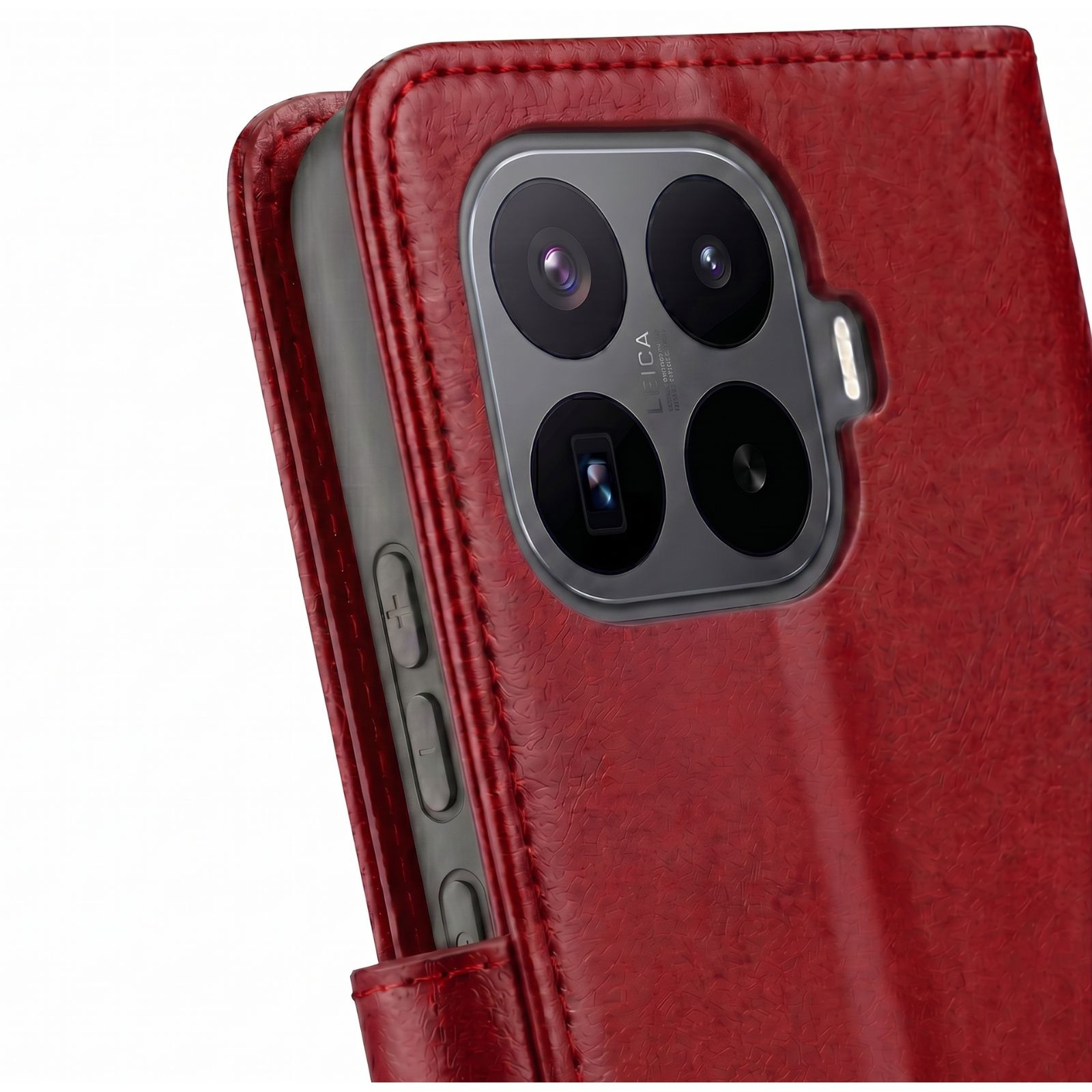 Rote Handyhülle im Detail mit Kamera und Knöpfen, Nahaufnahme.