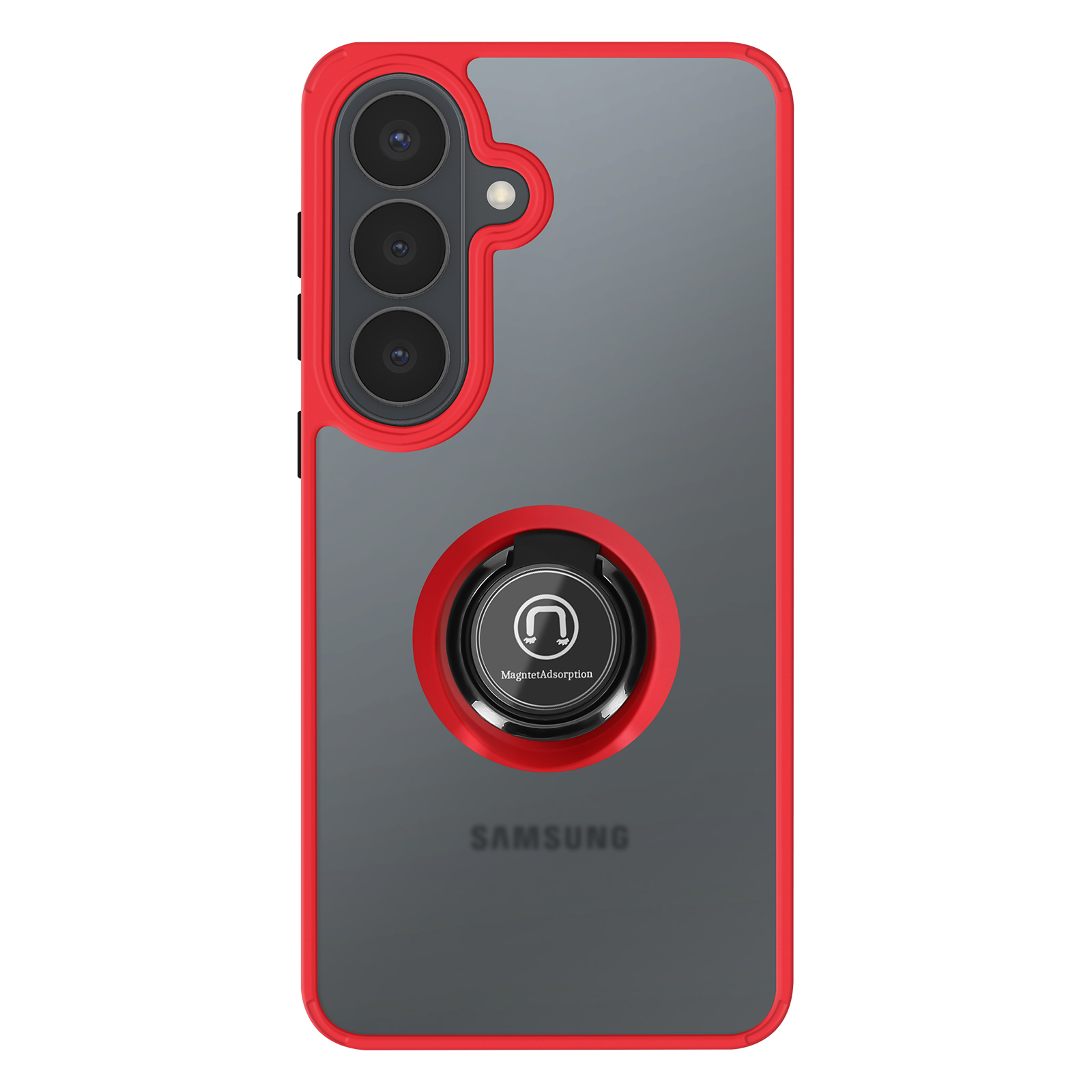 Rote Hülle mit transparentem Rückenteil für ein Samsung-Handy mit Ringhalterung.