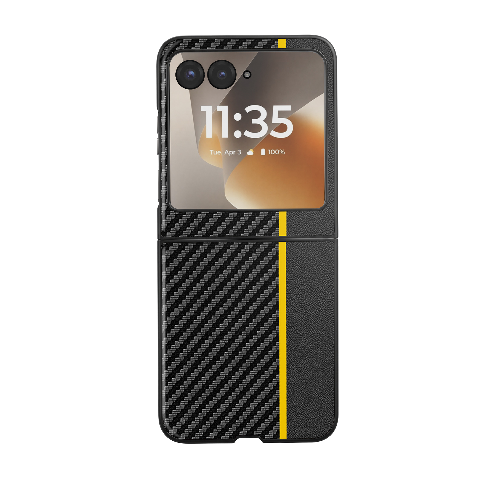 Schwarzes Handy-Case mit Carbon-Muster, gelbem Streifen und Uhrzeit 11:35.