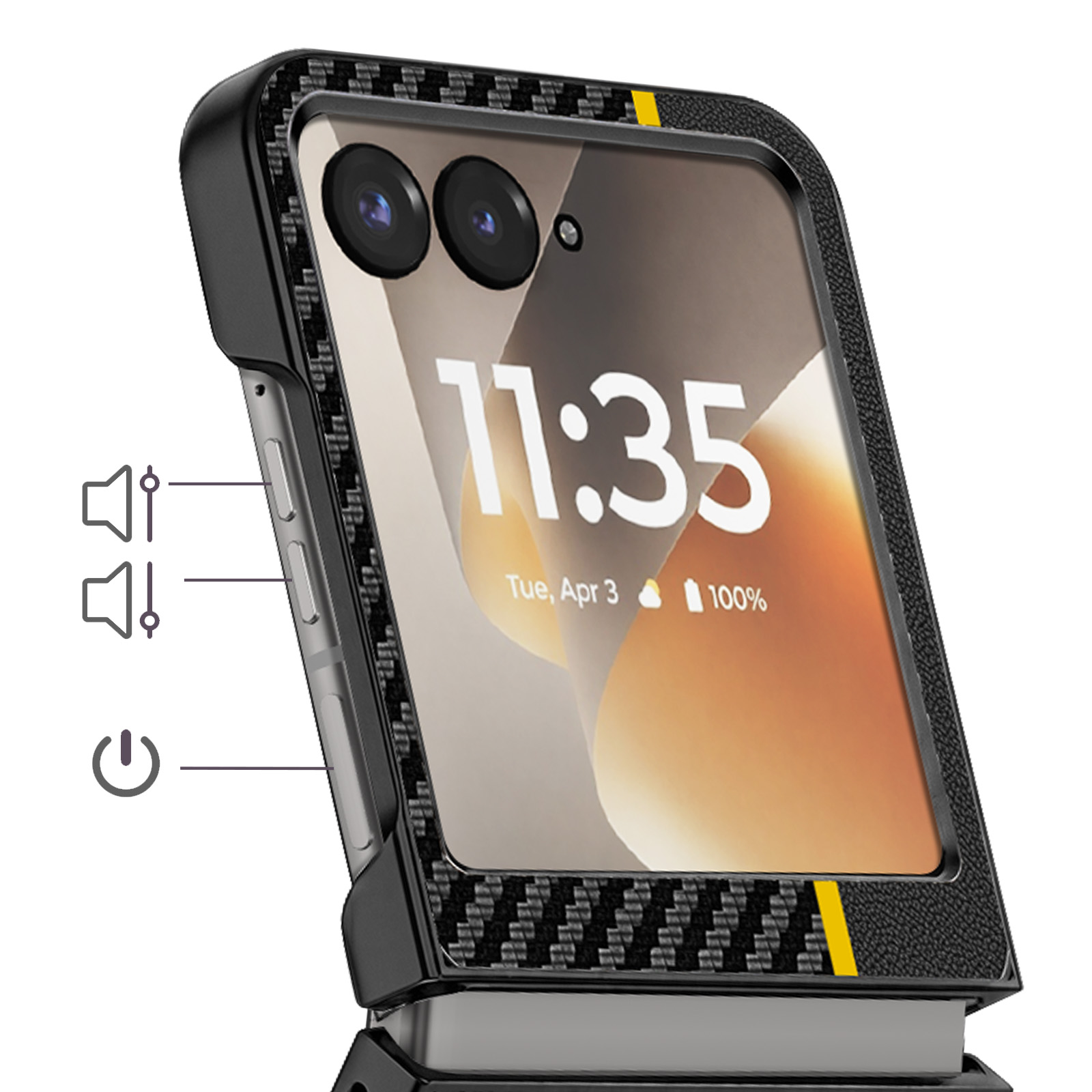 Ein Flip-Handy mit schwarzem Carbon-Muster-Gehäuse, zwei Kameras und einem Display.