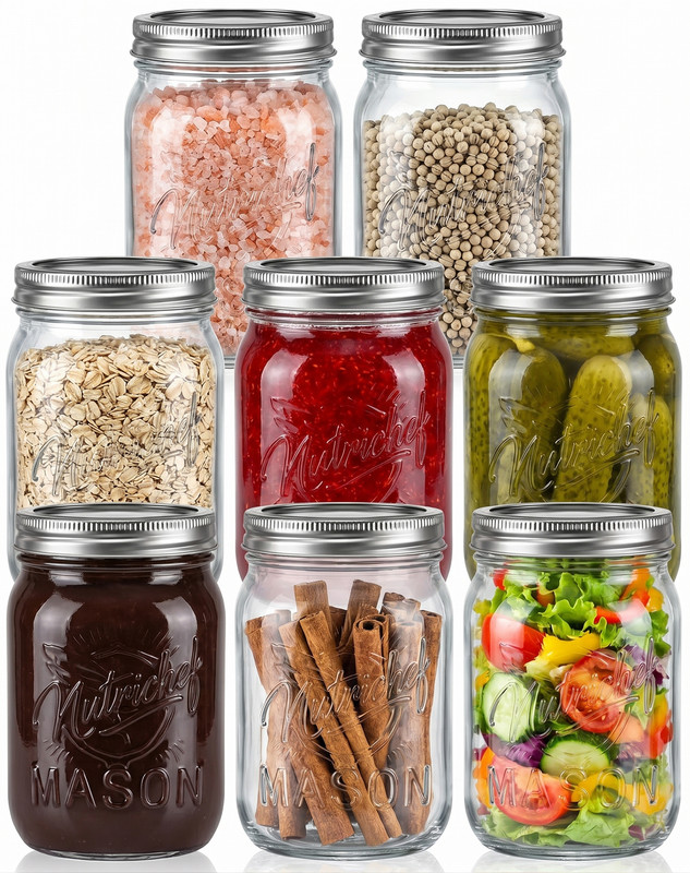 Sieben Glas-Einmachgläser gefüllt mit Lebensmitteln: rosa Salz, Erbsen, Haferflocken, Marmelade, Gurken, Zimt und Salat.