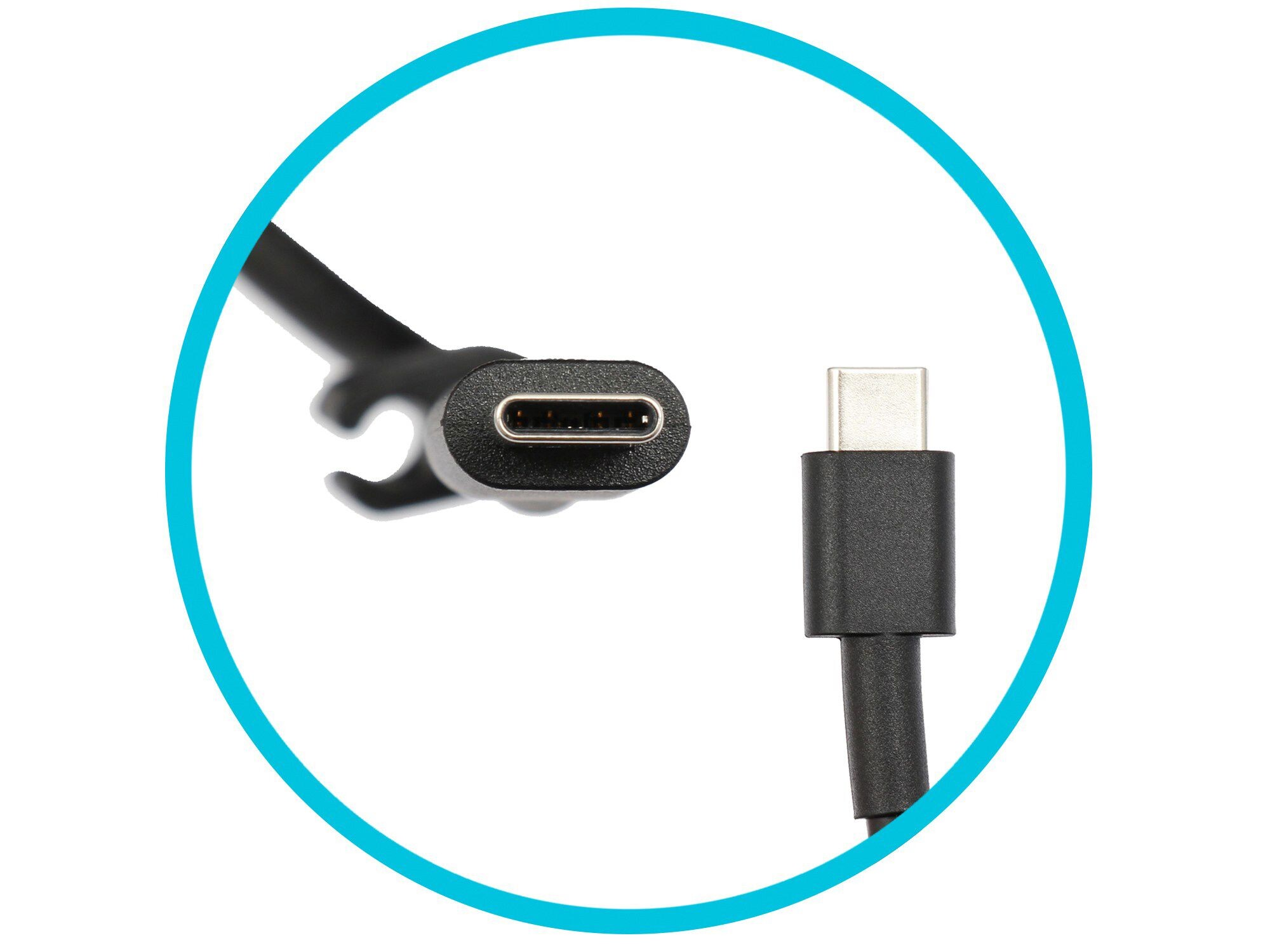 Ein schwarzes USB-C-Kabel mit einem Stecker und einer Buchse auf weißem Grund.